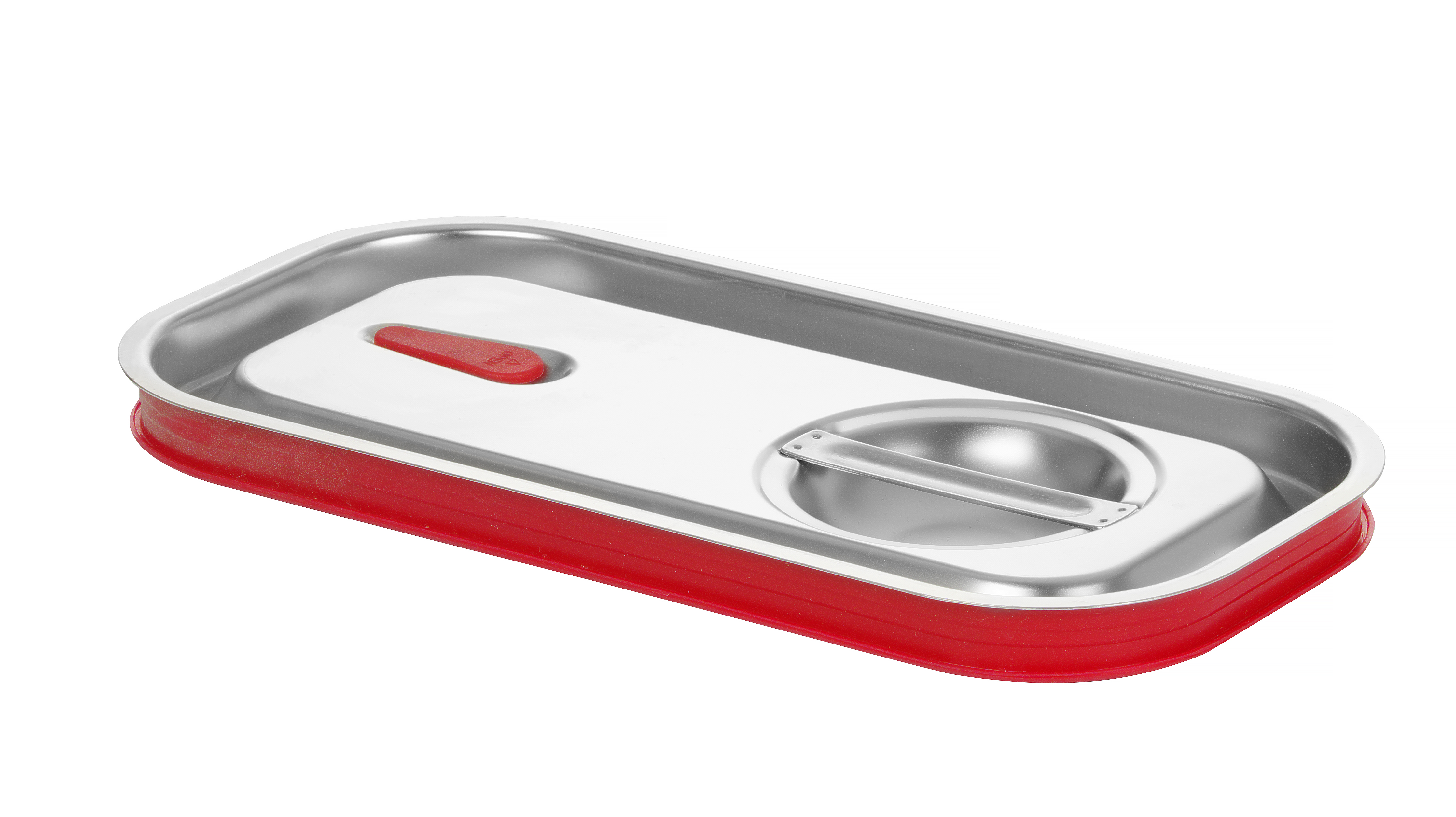 Un contenitore rettangolare con guarnizione in gomma rossa e coperchio in acciaio inox.