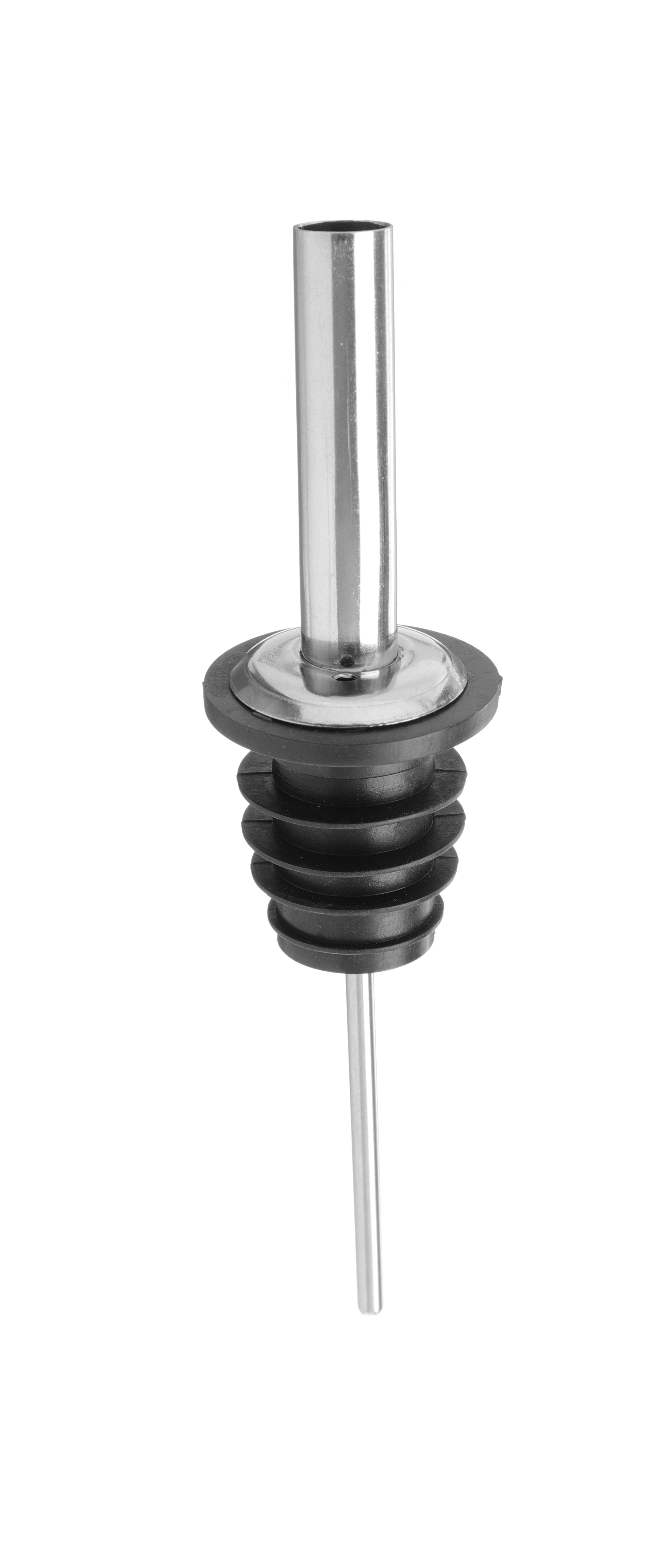 Dosatore per liquori in acciaio inox con base in gomma nera.