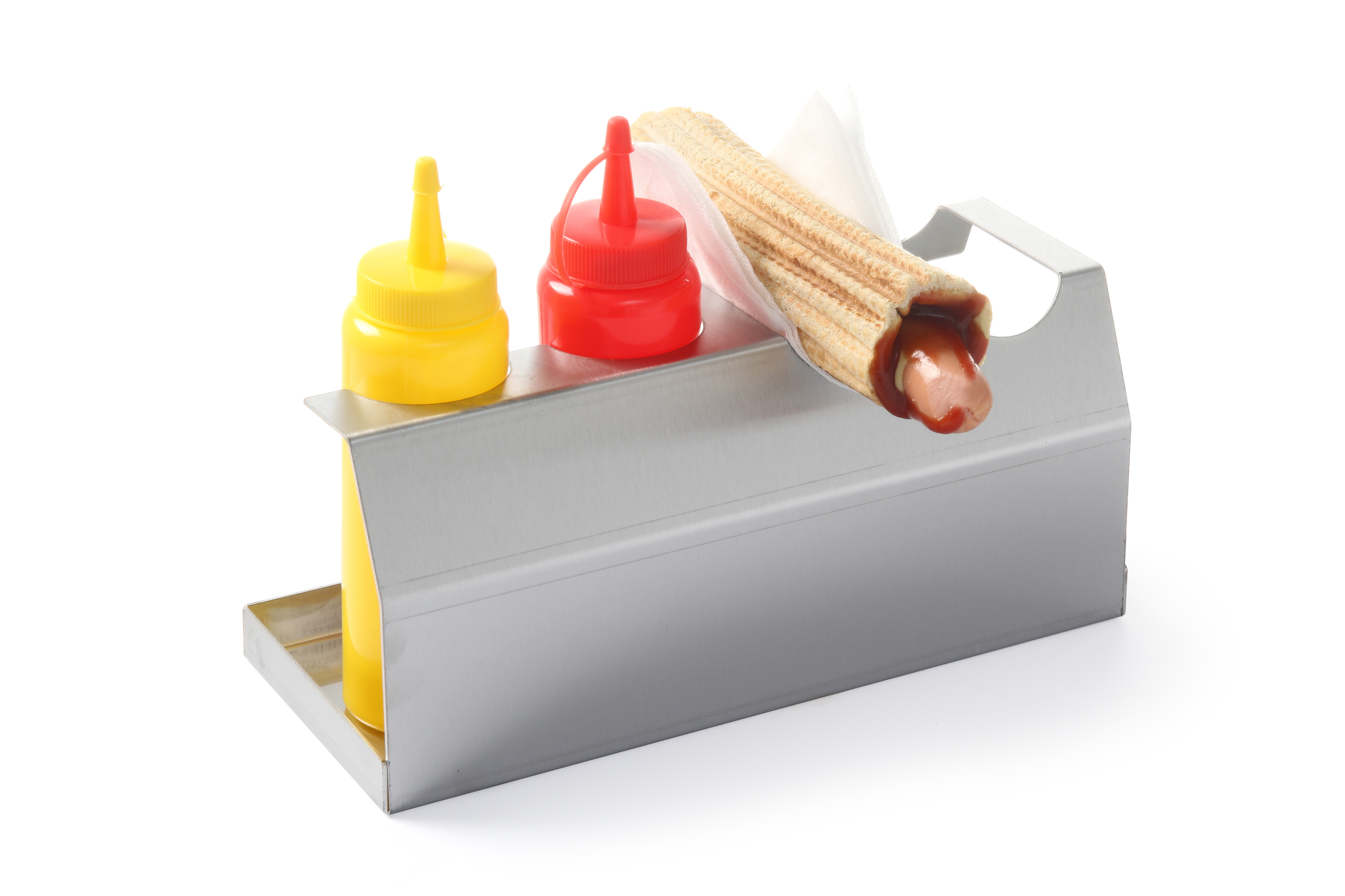 Un supporto in acciaio inossidabile con ketchup, bottiglie di senape e un hotdog in un involucro di carta.