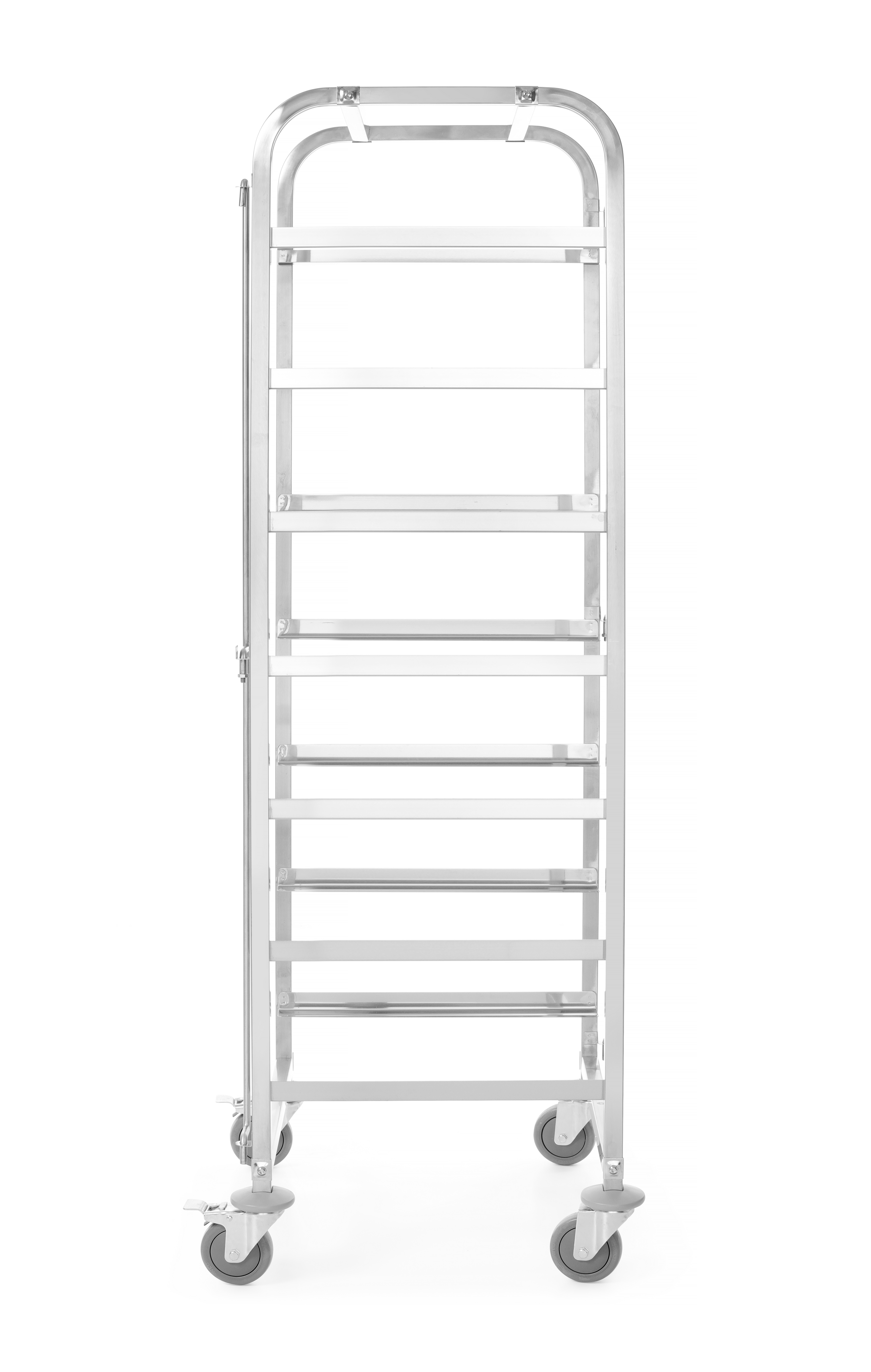 Carrello in acciaio inox con ripiani e ruote, su sfondo bianco.