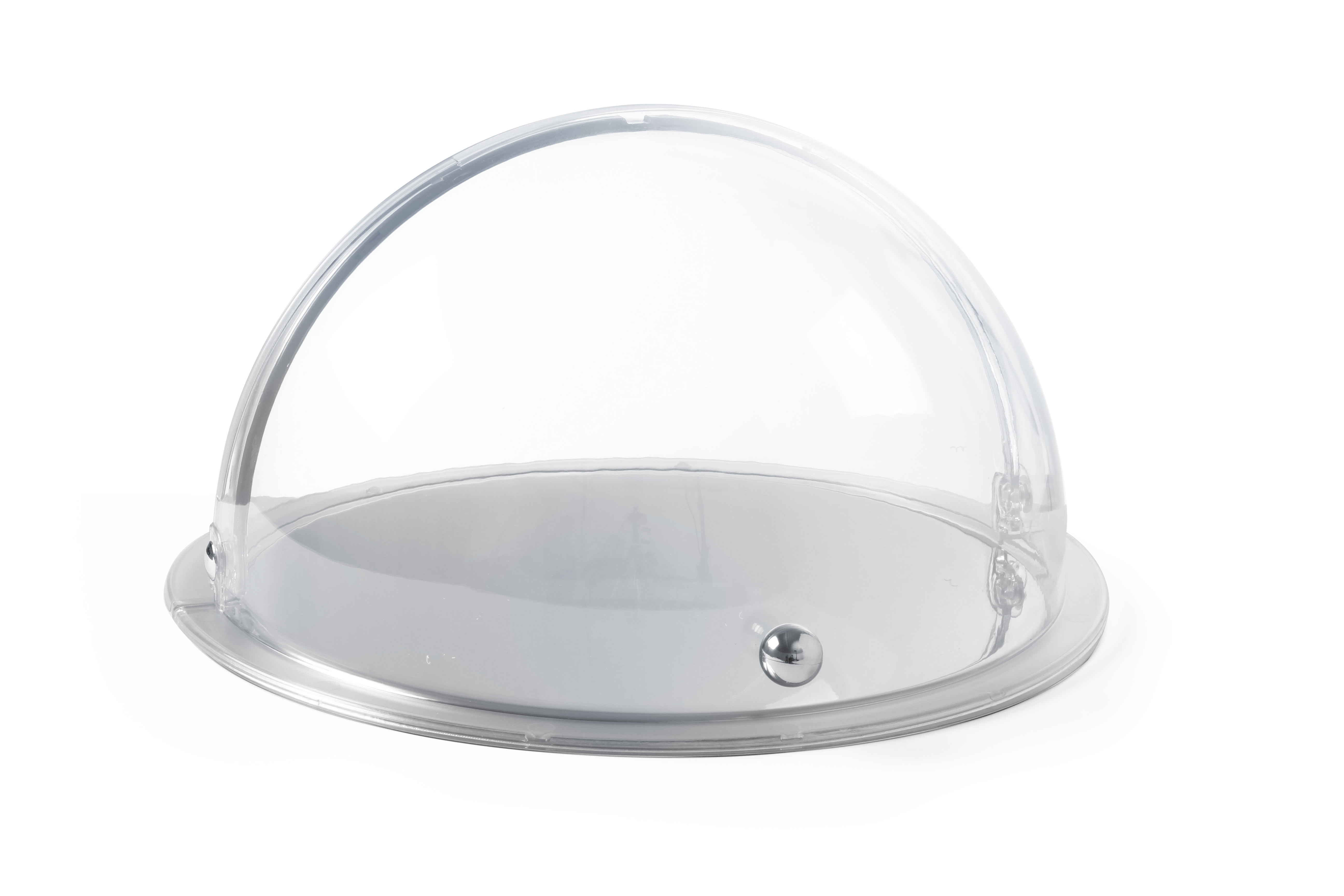 Un coperchio trasparente a forma di cupola su una base bianca.