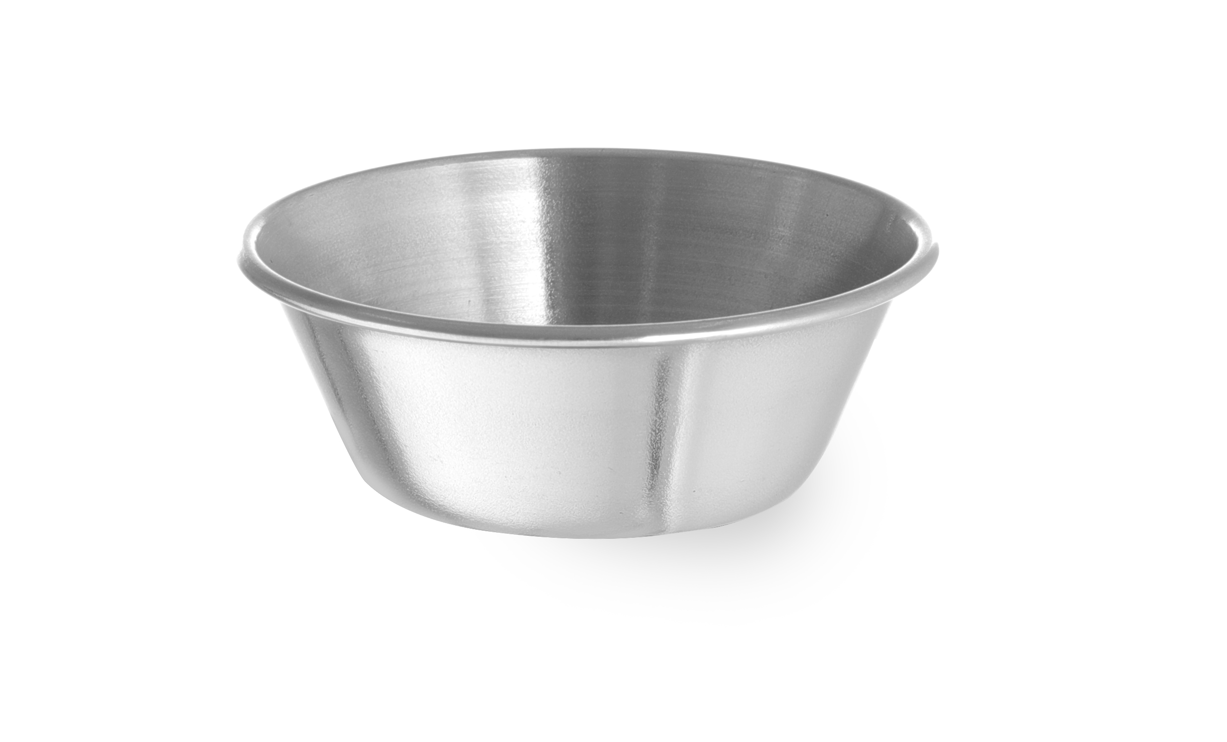 Una piccola ciotola in acciaio inox argentato, forma rotonda, sfondo bianco.