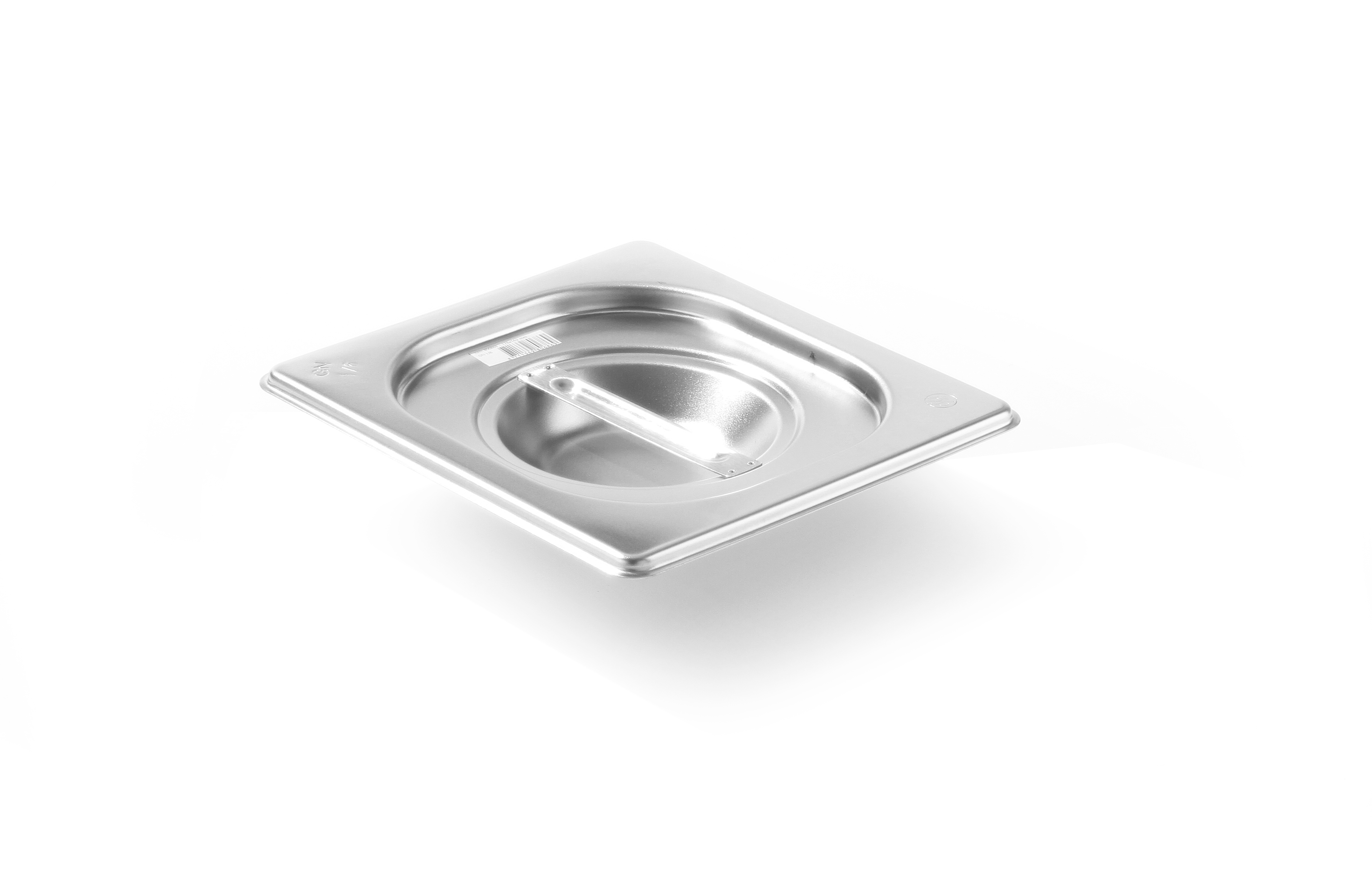 Teglia quadrata in acciaio inox con manico su sfondo bianco.
