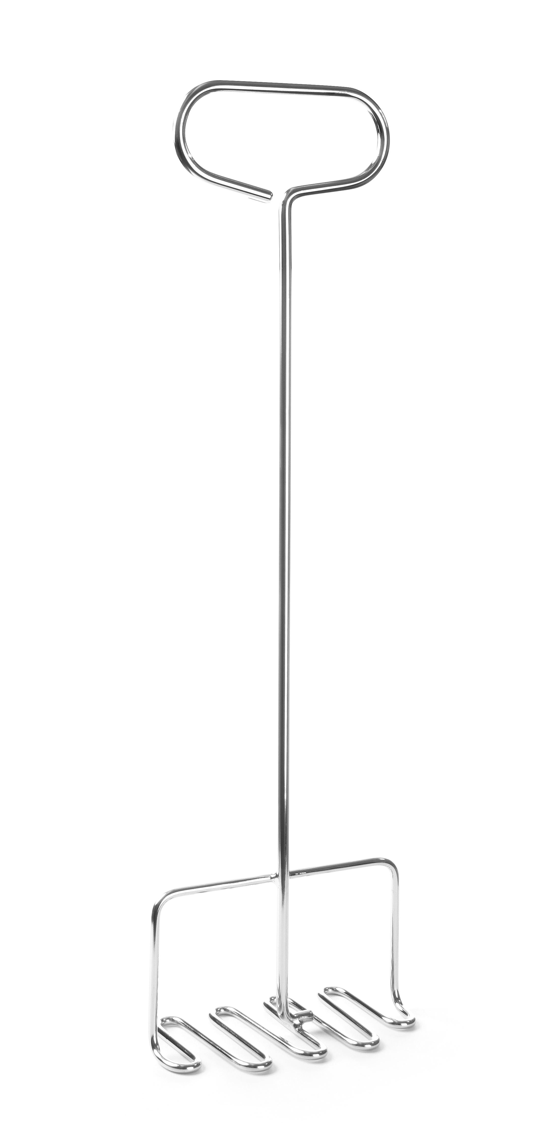 Un lungo e sottile utensile in metallo con manico ad anello e estremità a forma di forchetta. Sfondo bianco.