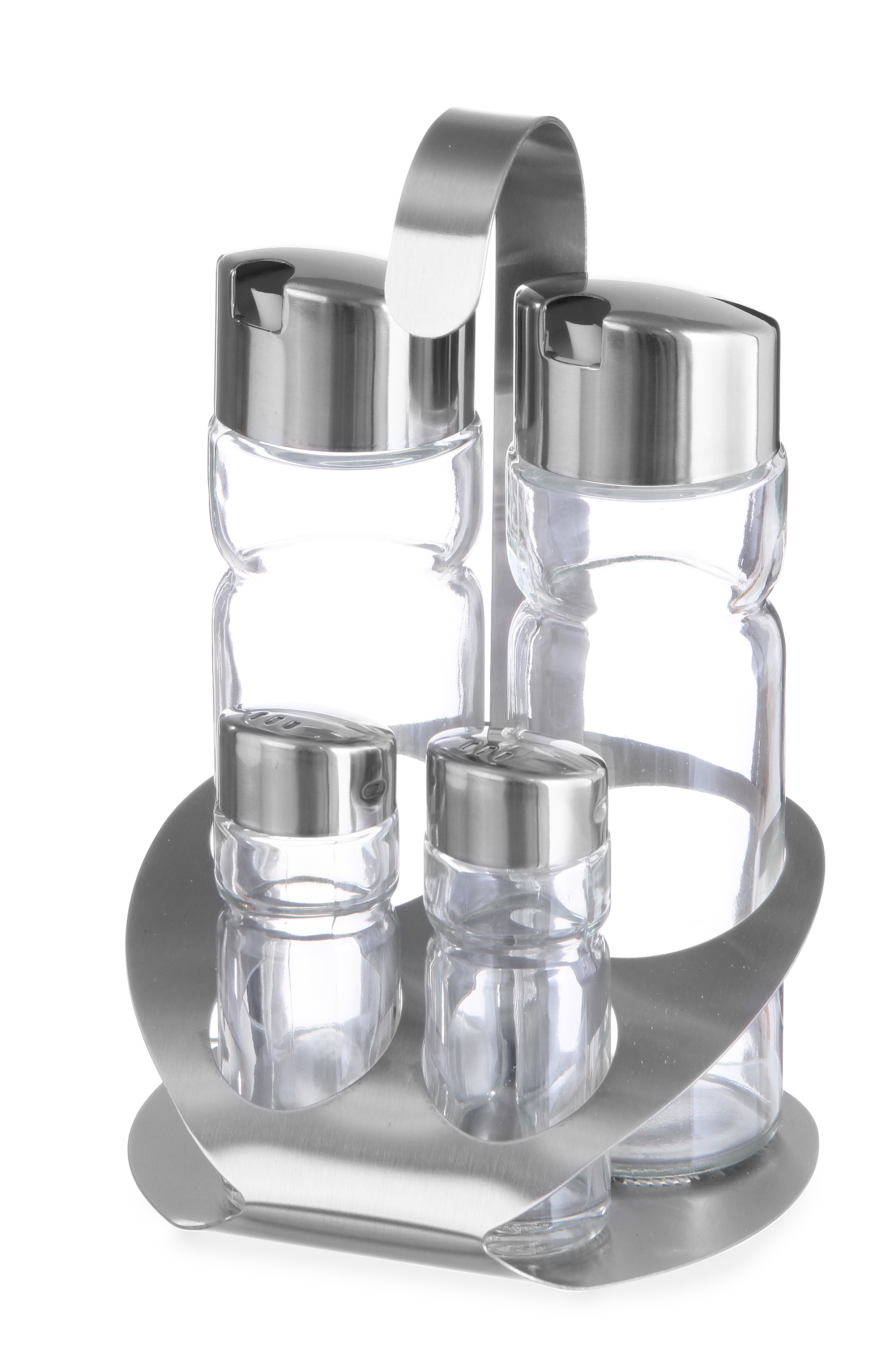 Un set di condimenti in acciaio inox con tre shaker in vetro e un supporto, bianco.