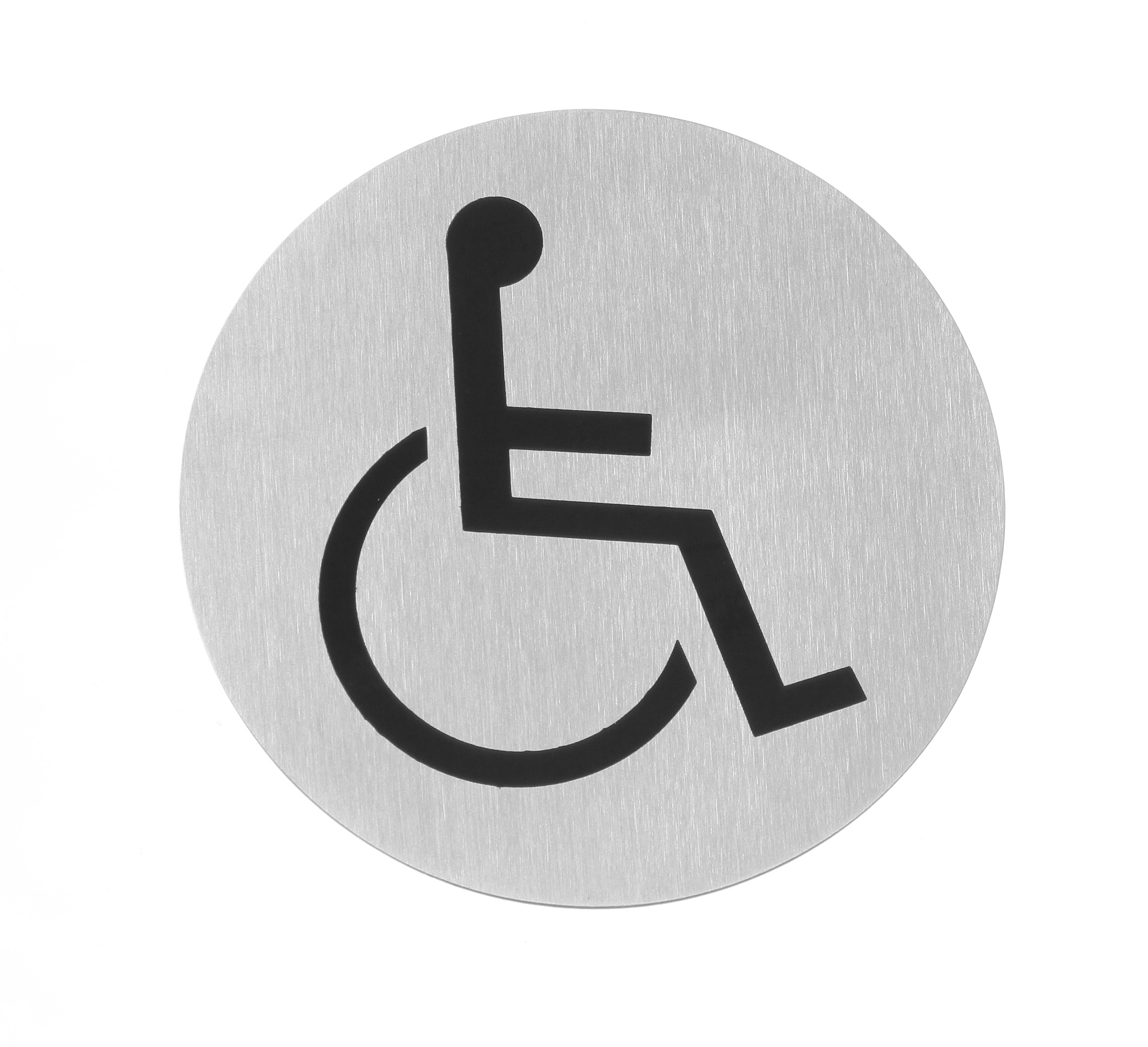 Segnale circolare con simbolo di sedia a rotelle su sfondo metallico spazzolato.