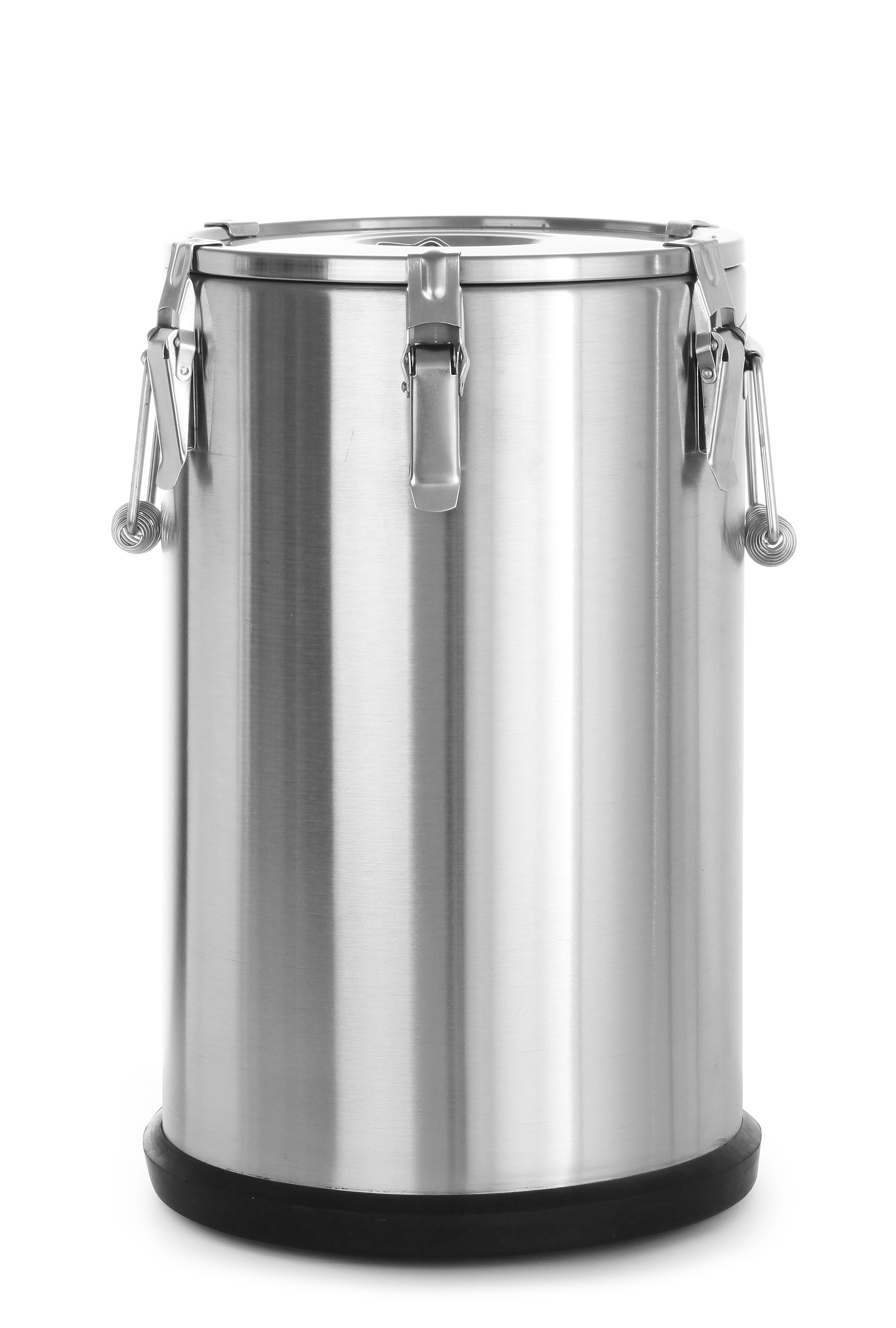 Un contenitore metallico alto e cilindrico con coperchio e due maniglie laterali. Sfondo bianco.