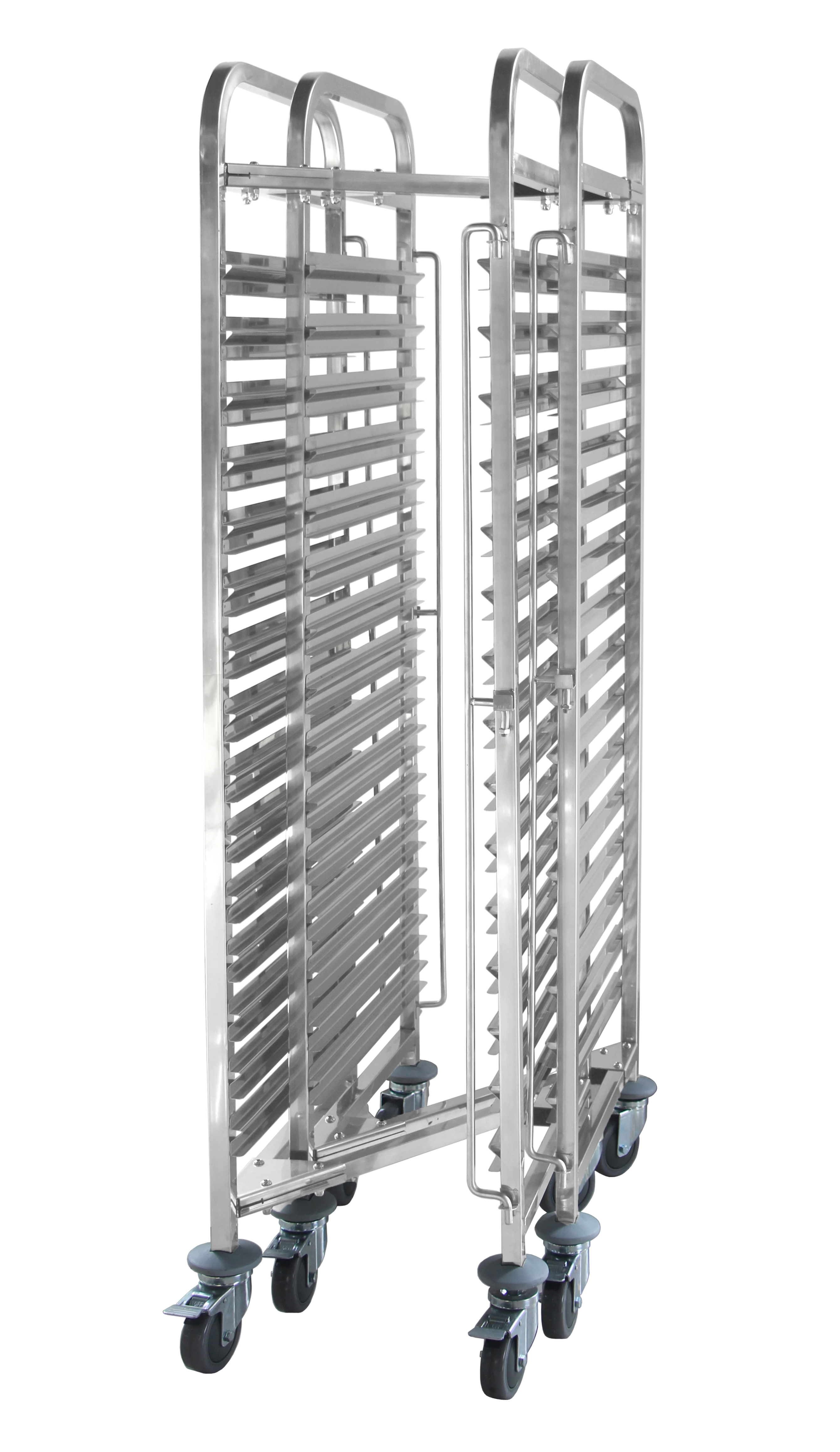 Carrello di servizio in acciaio inox su ruote. Verticale, sfondo bianco.
