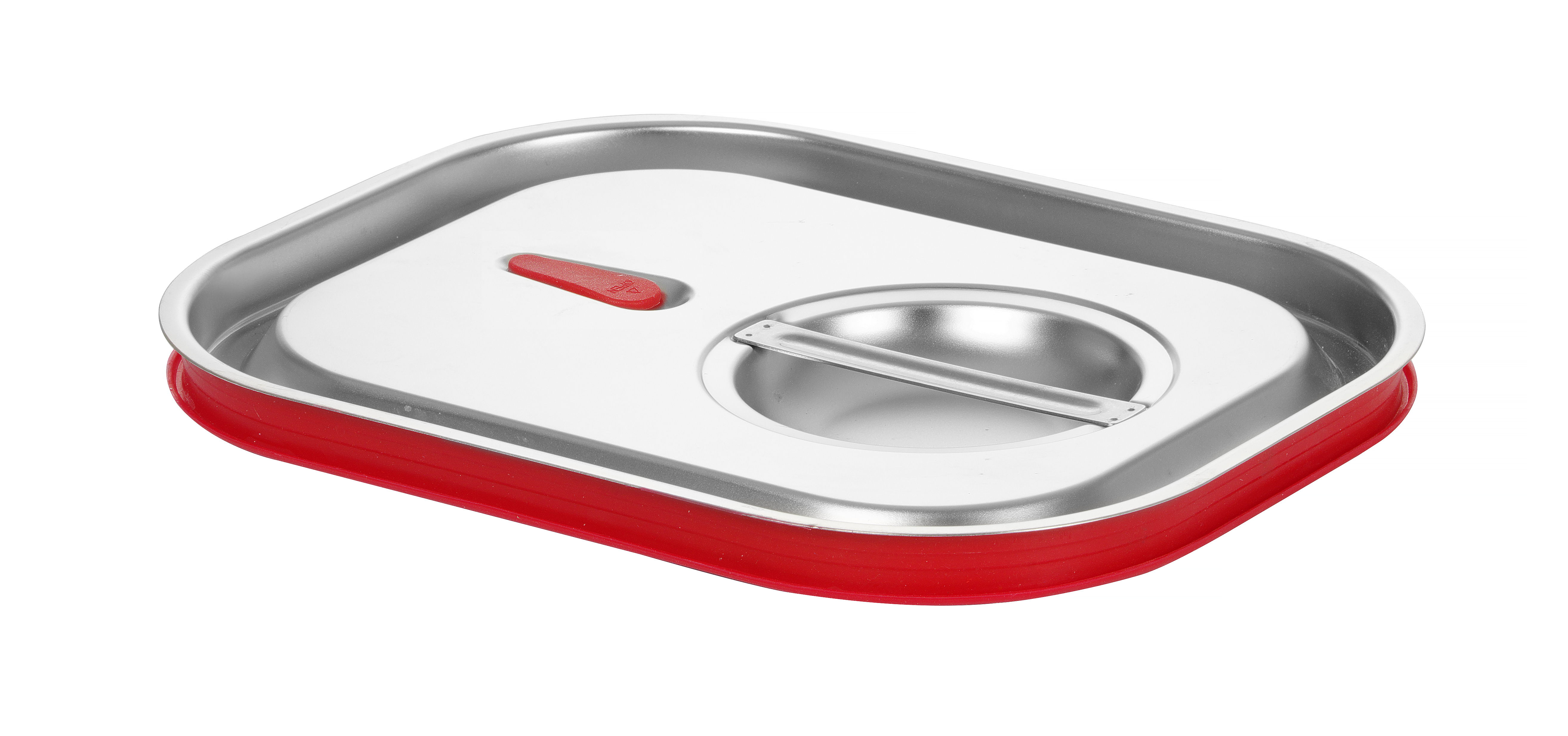 Contenitore per alimenti in acciaio inox con bordo in silicone rosso e coperchio rosso.