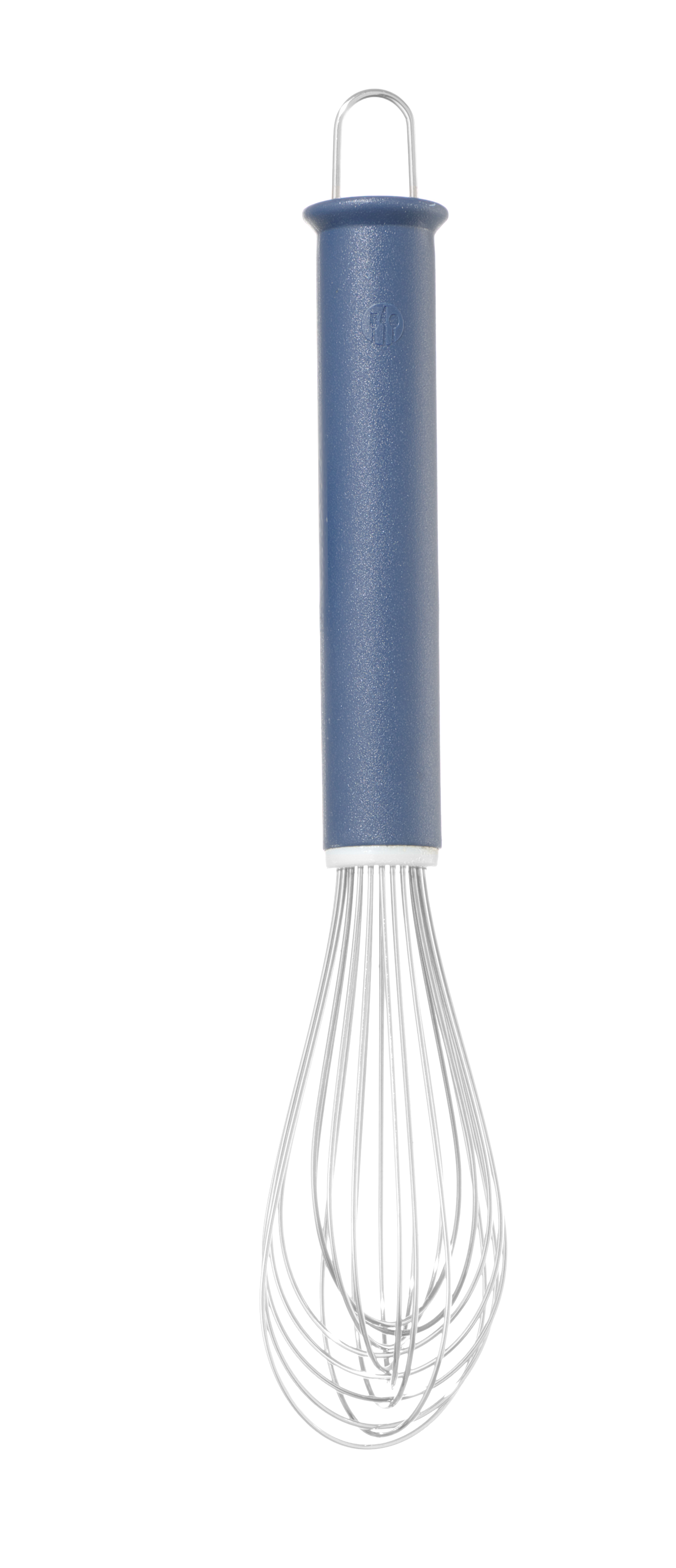 Frusta con manico blu e molti fili. Sfondo bianco.