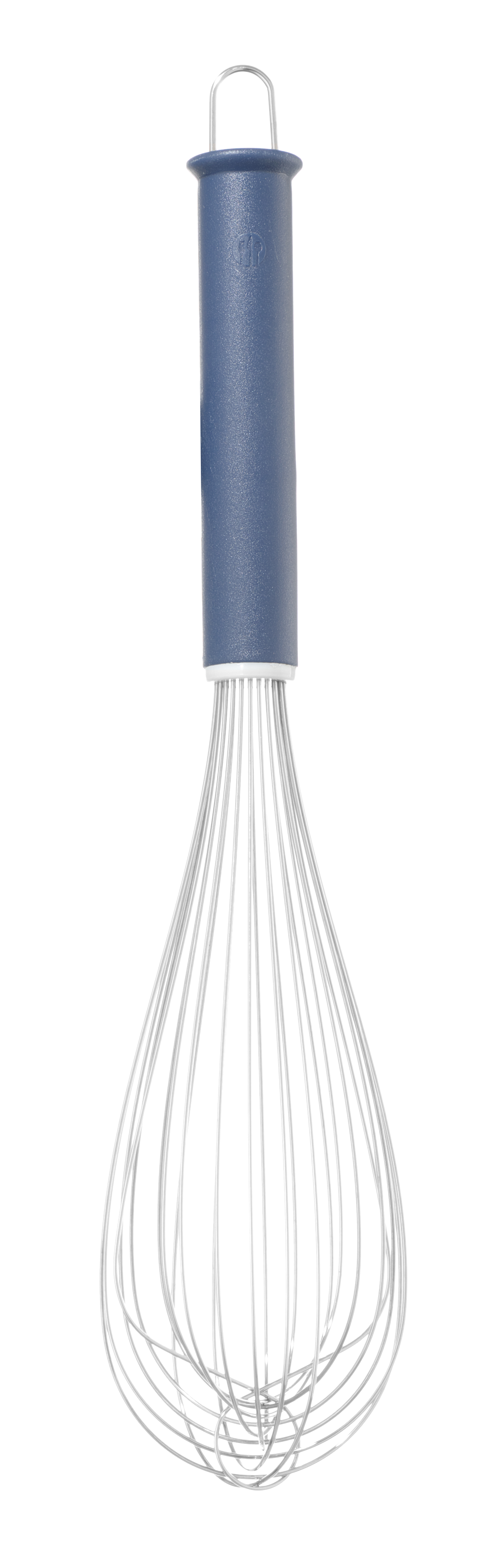 Una frusta con manico blu su sfondo bianco.