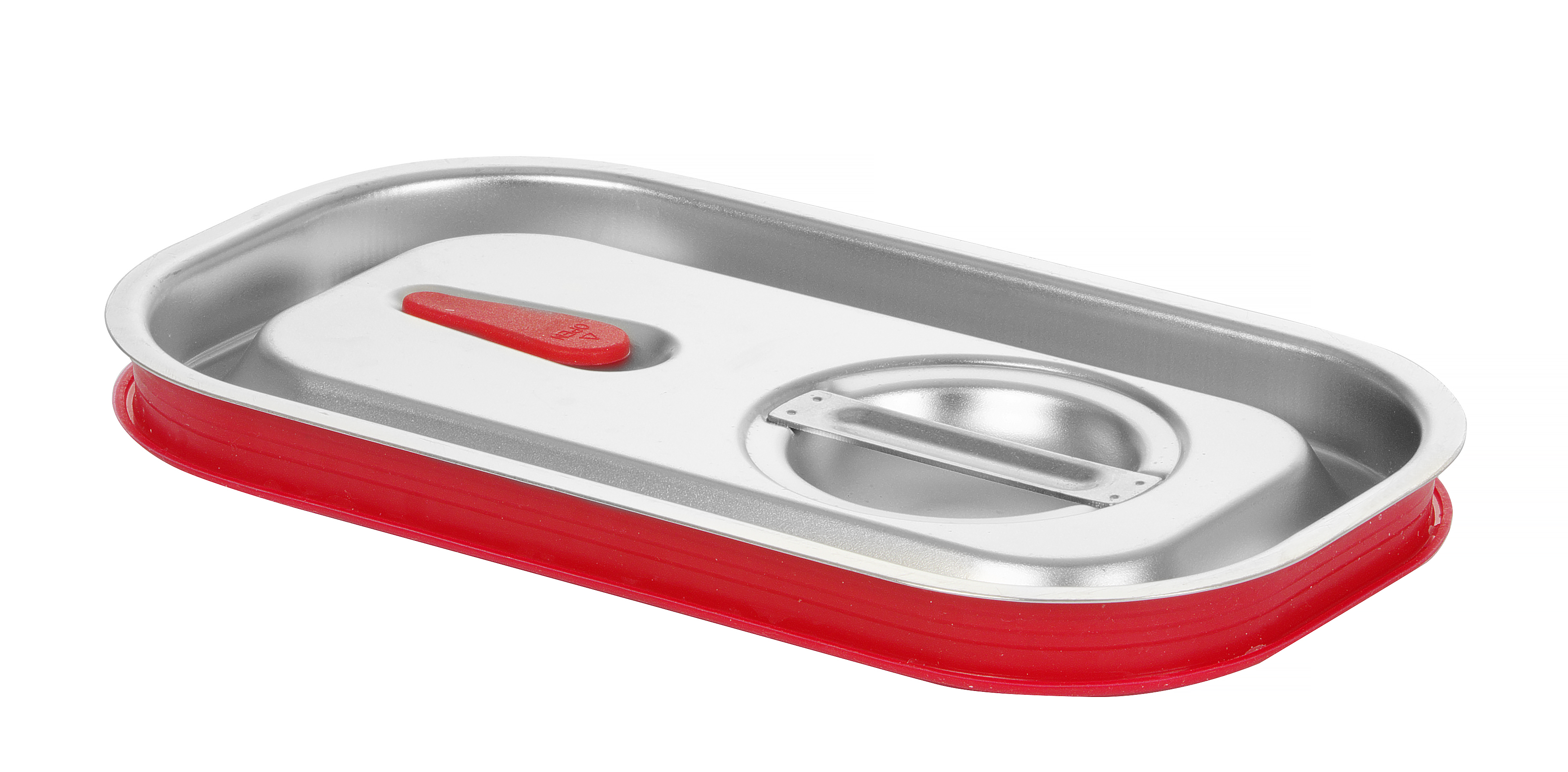 Un contenitore rettangolare in metallo con bordo rosso e coperchio con bottone rosso. Bianco.