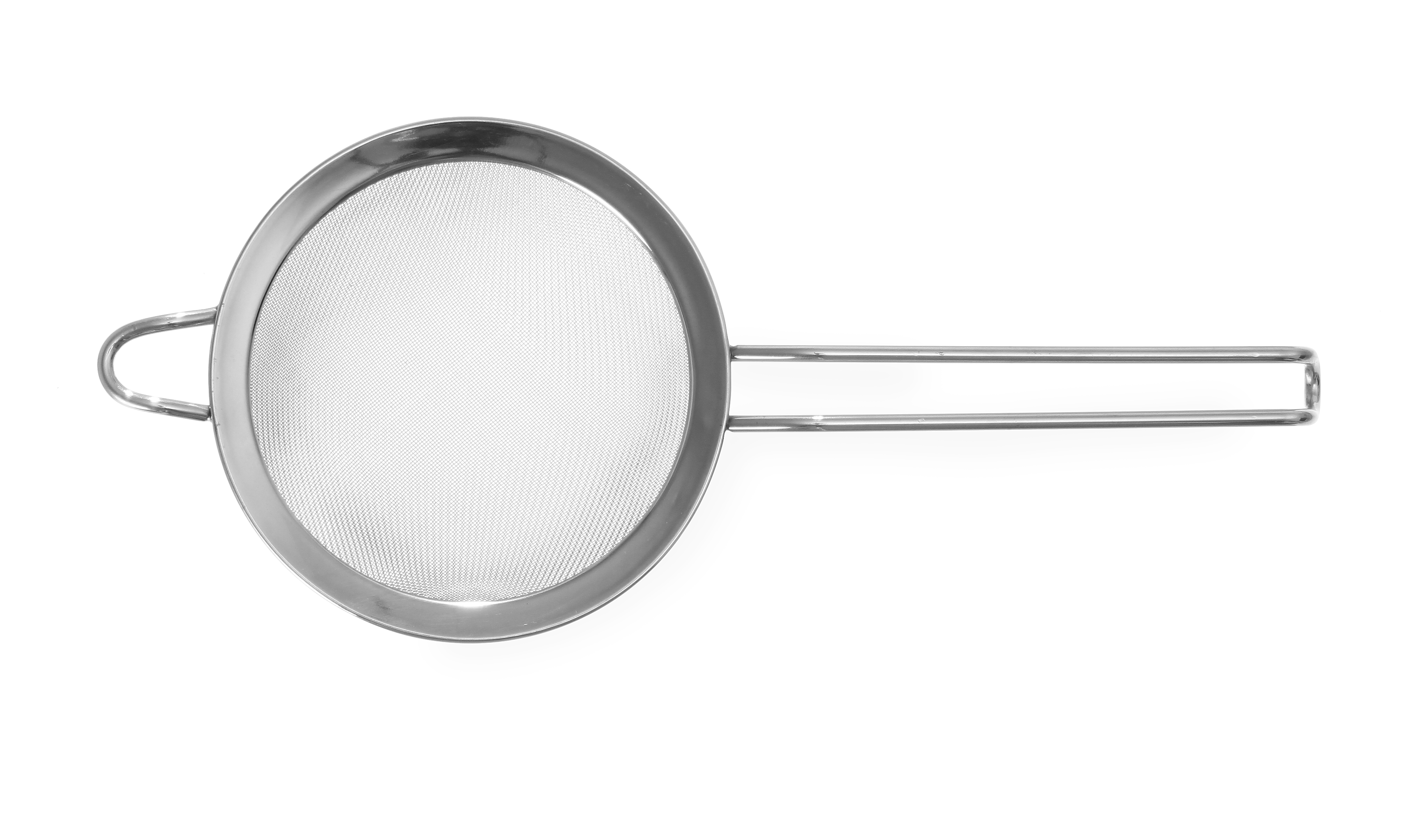 Colino in acciaio inox con manico su sfondo bianco.