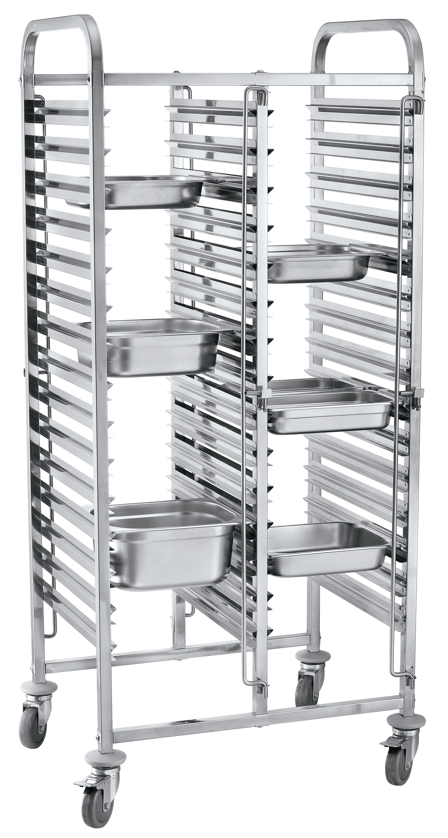 Carrello di servizio in acciaio inox con più ripiani, con contenitori per alimenti rettangolari.