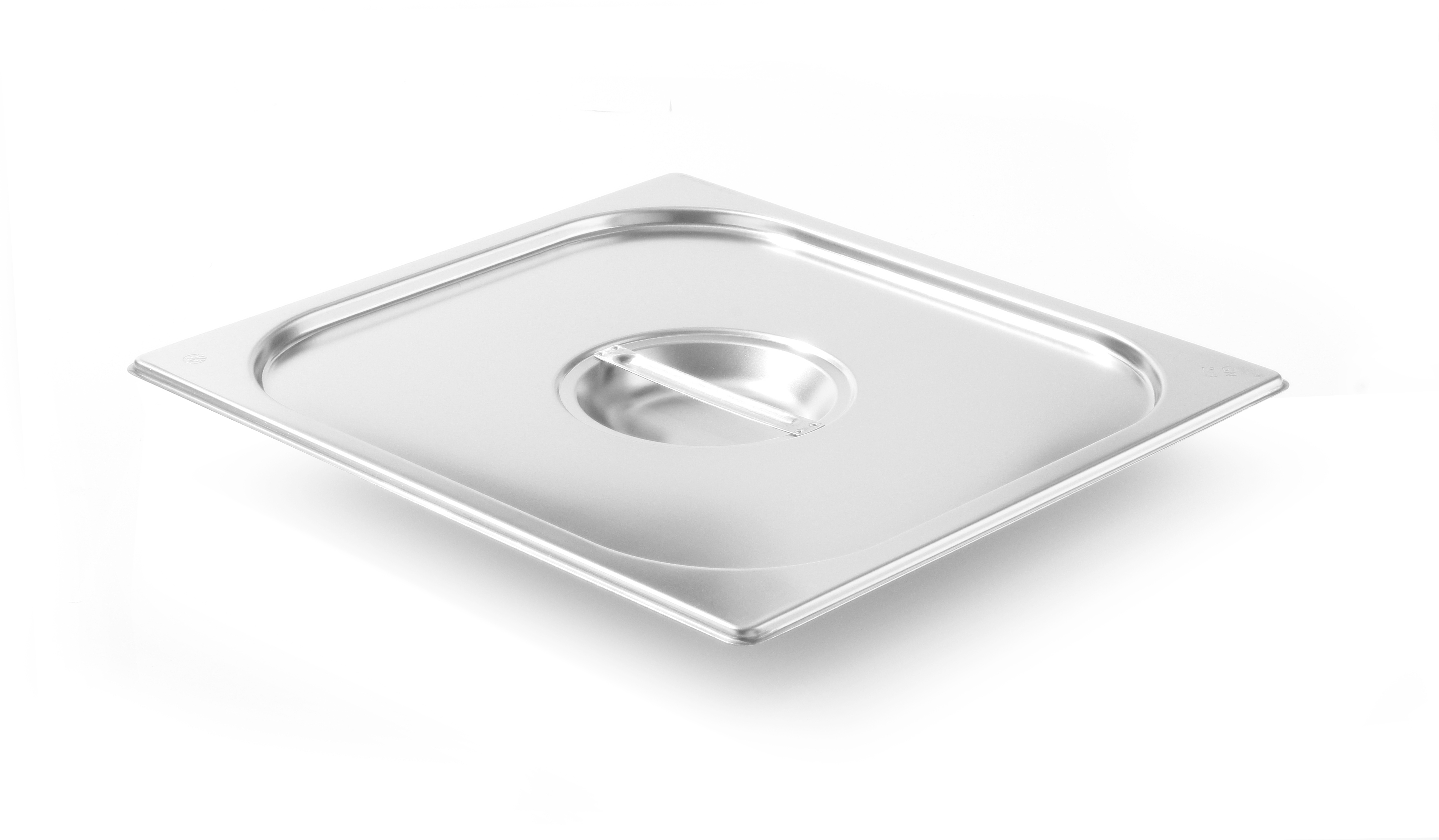Teglia quadrata in acciaio inox con manico su sfondo bianco.
