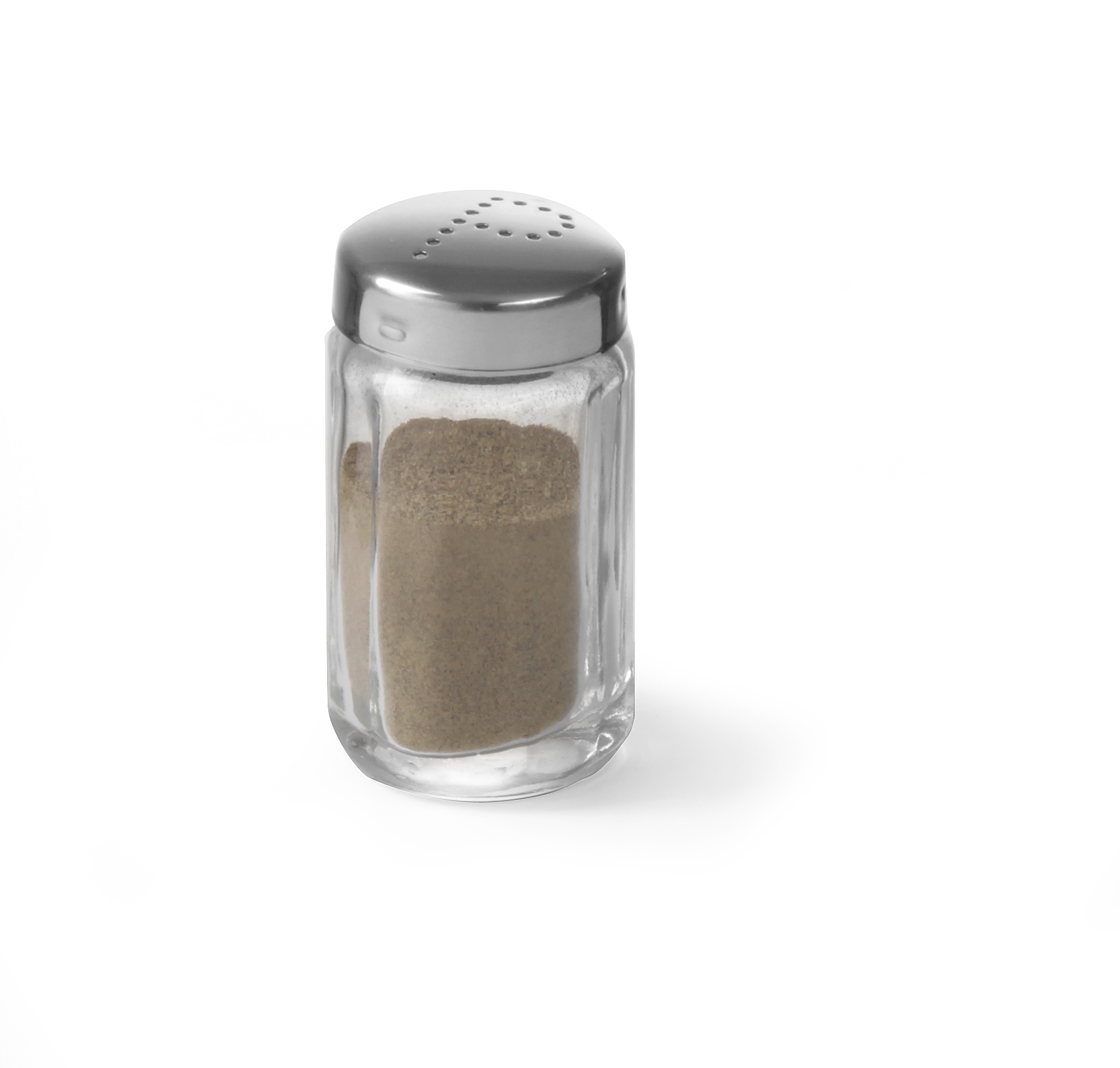 Saliera in vetro trasparente con coperchio in acciaio inox, riempita di pepe marrone.