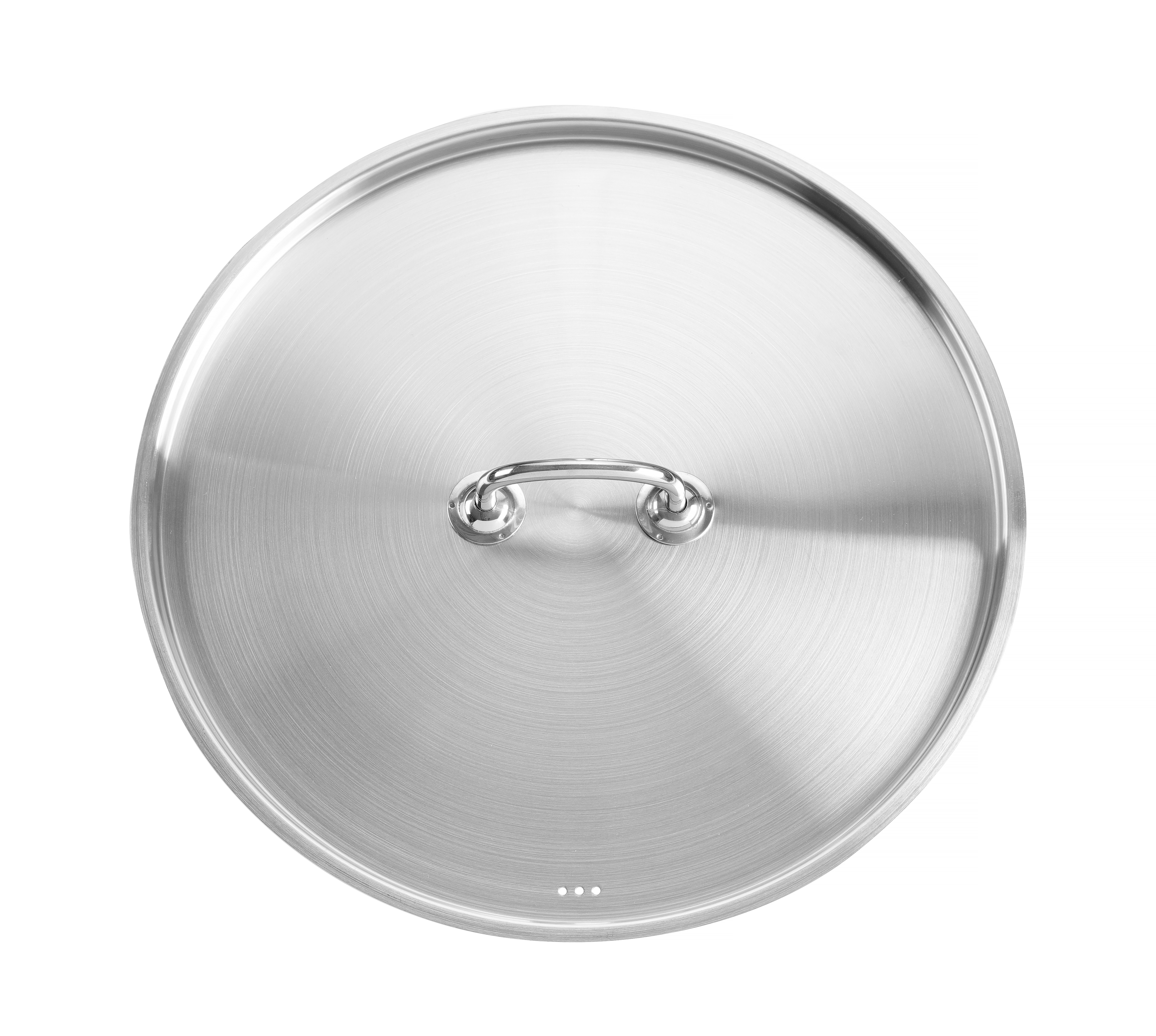 Coperchio per pentola in acciaio inox con manico su sfondo bianco.