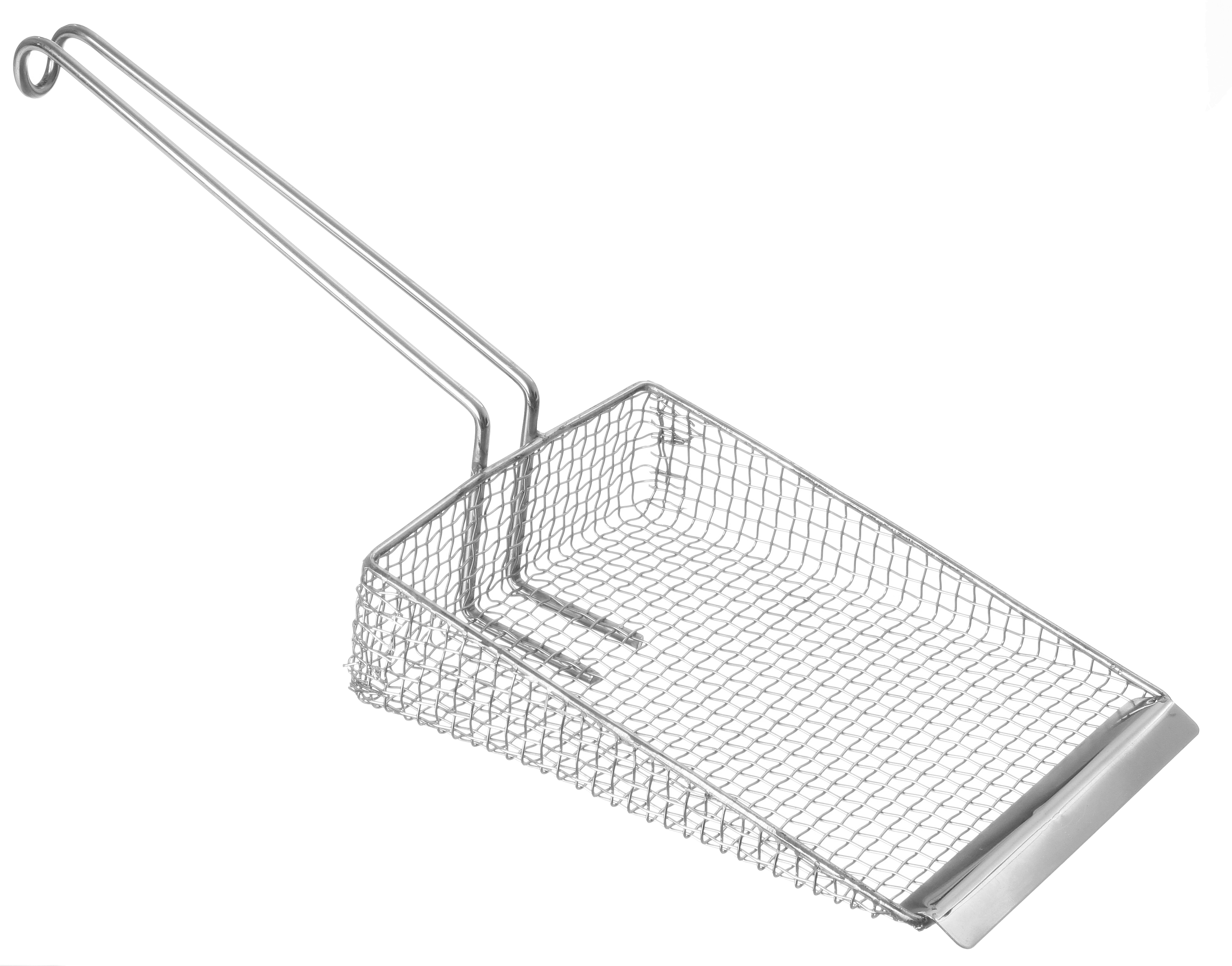 Un cestello per friggere rettangolare in rete metallica di acciaio inox.