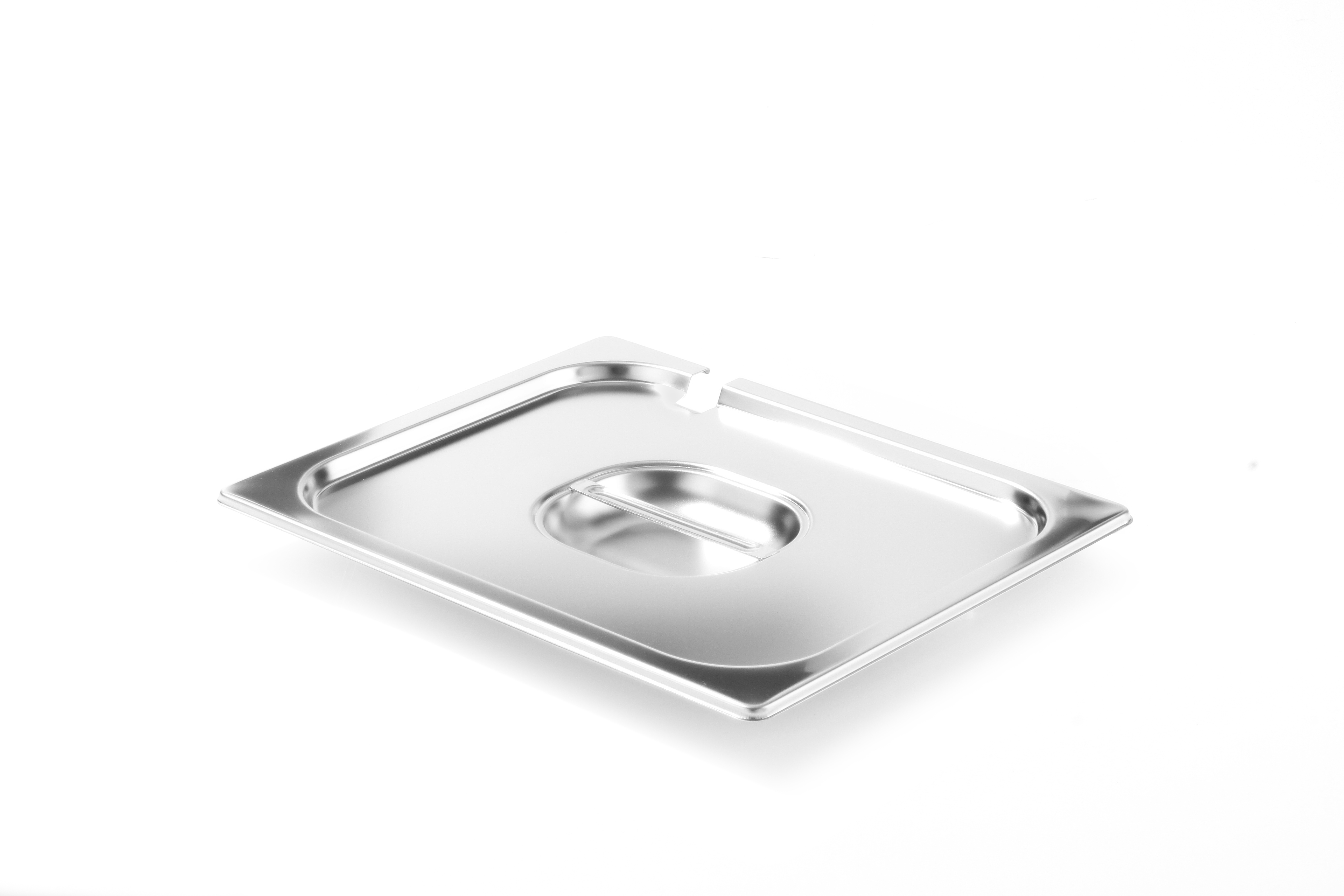 Coperchio per vassoio in acciaio inox con manico, sfondo bianco.