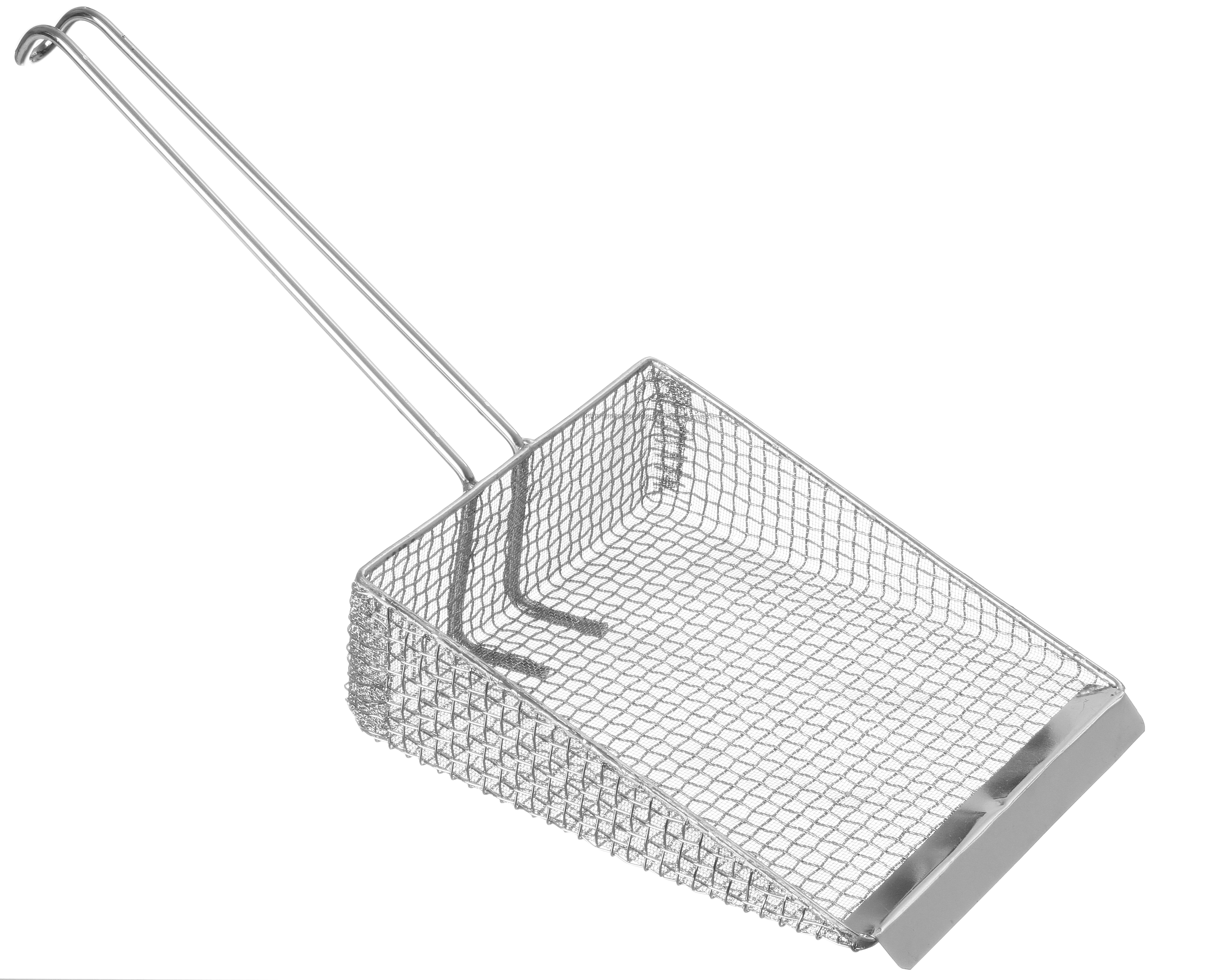 Cestello per friggitrice rettangolare in acciaio inox con manico lungo.