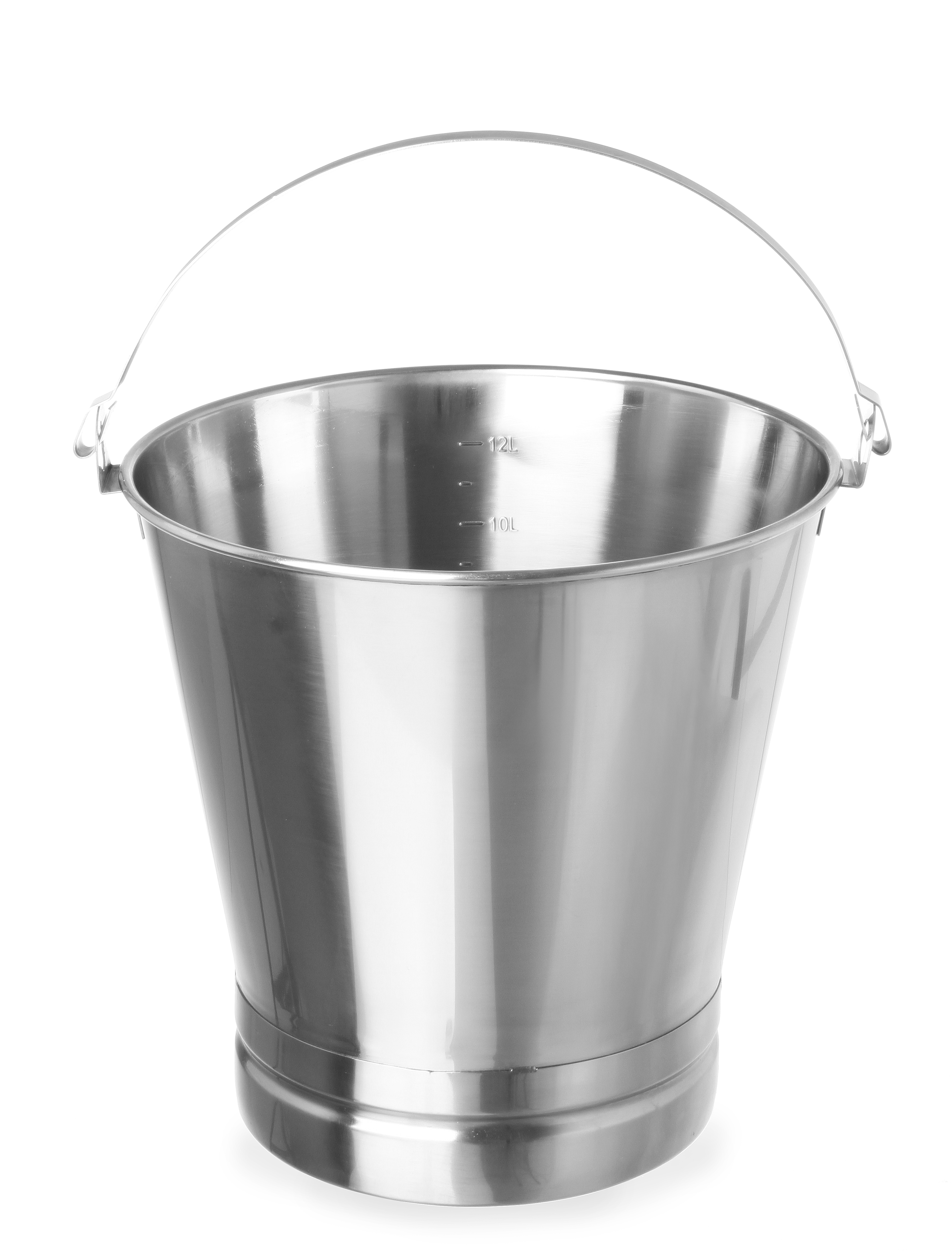 Secchio in acciaio inox con manico su sfondo bianco.