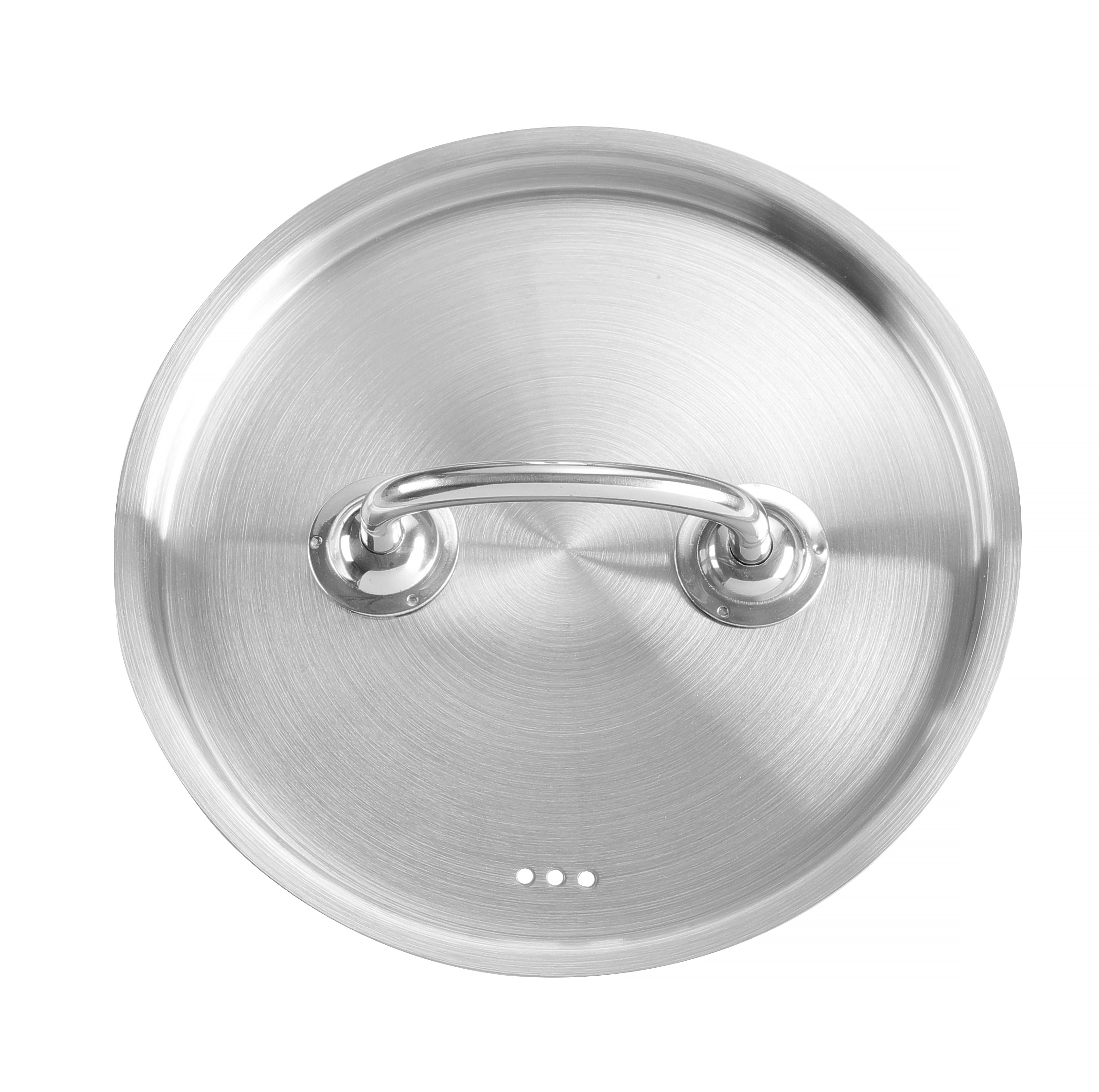 Un coperchio per pentole in acciaio inox con manico.