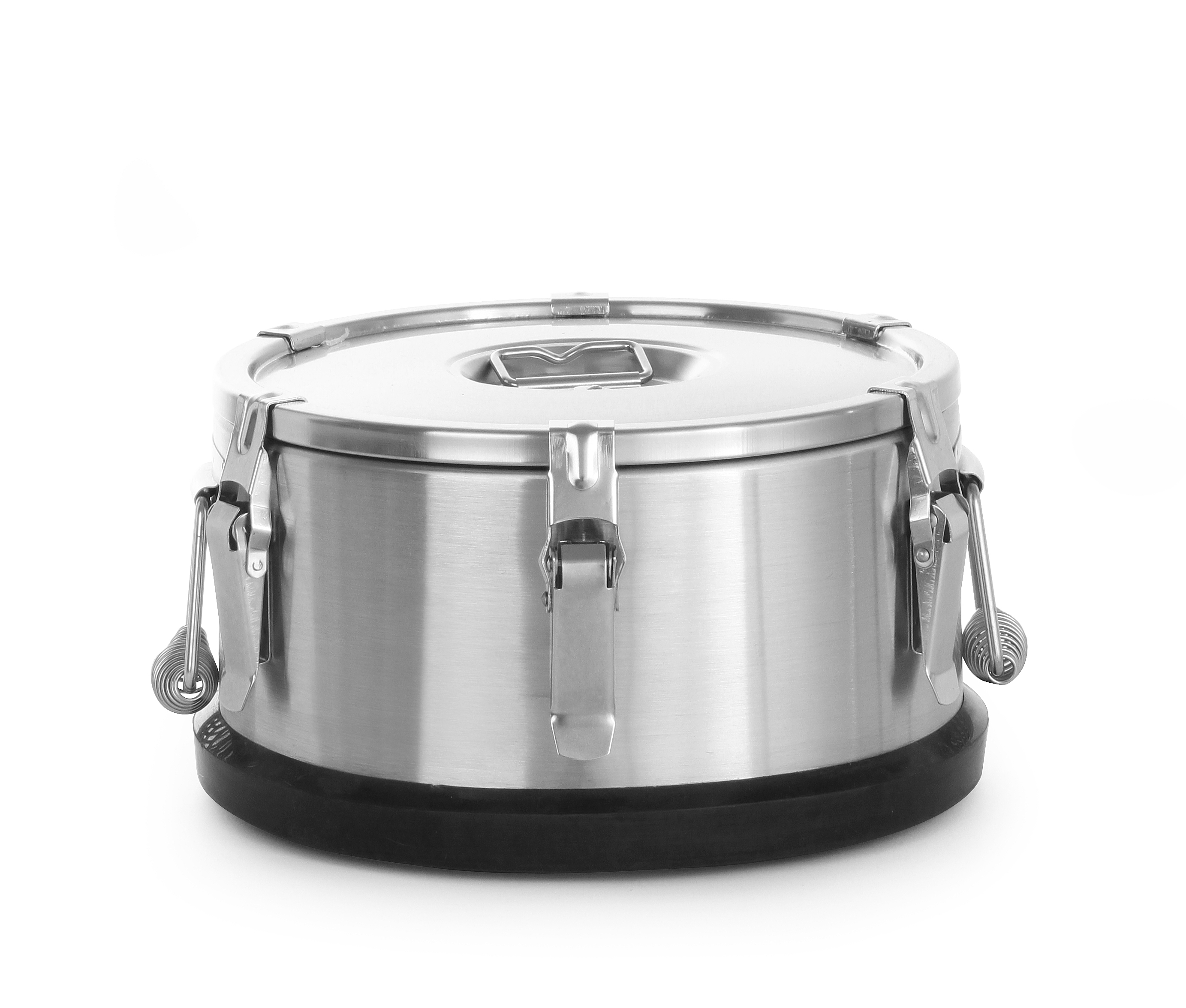 Contenitore in acciaio inox con coperchio e chiusure, su sfondo bianco.