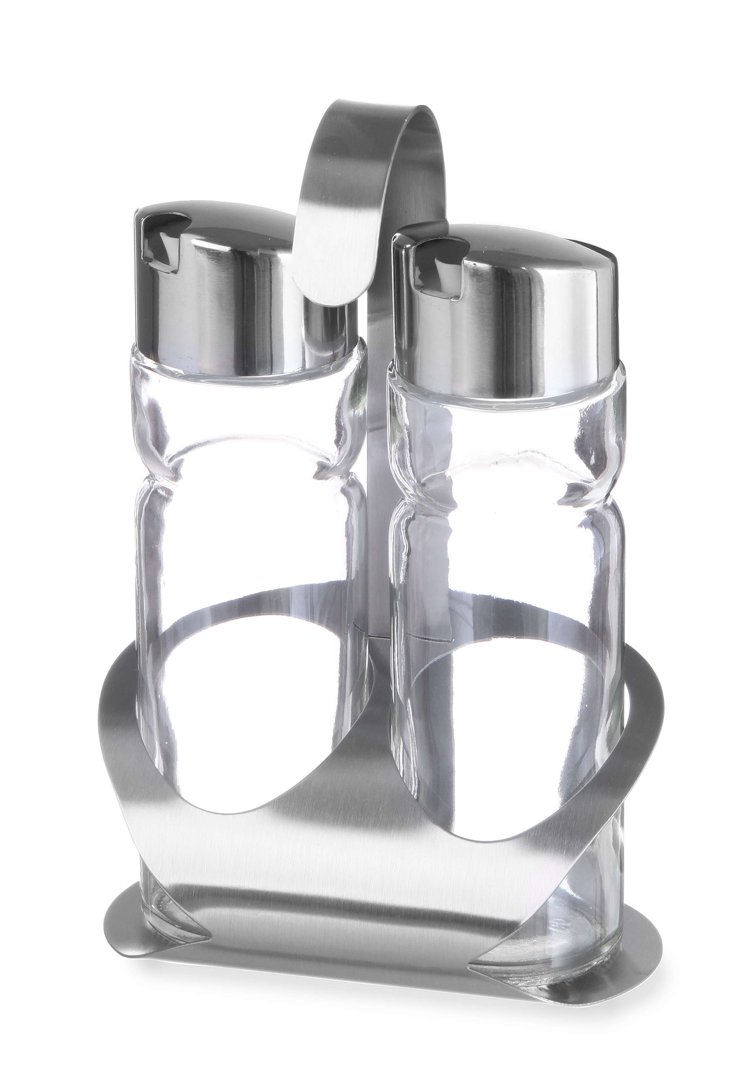 Saliere e pepiere con bottiglie di vetro e supporto in acciaio inox.