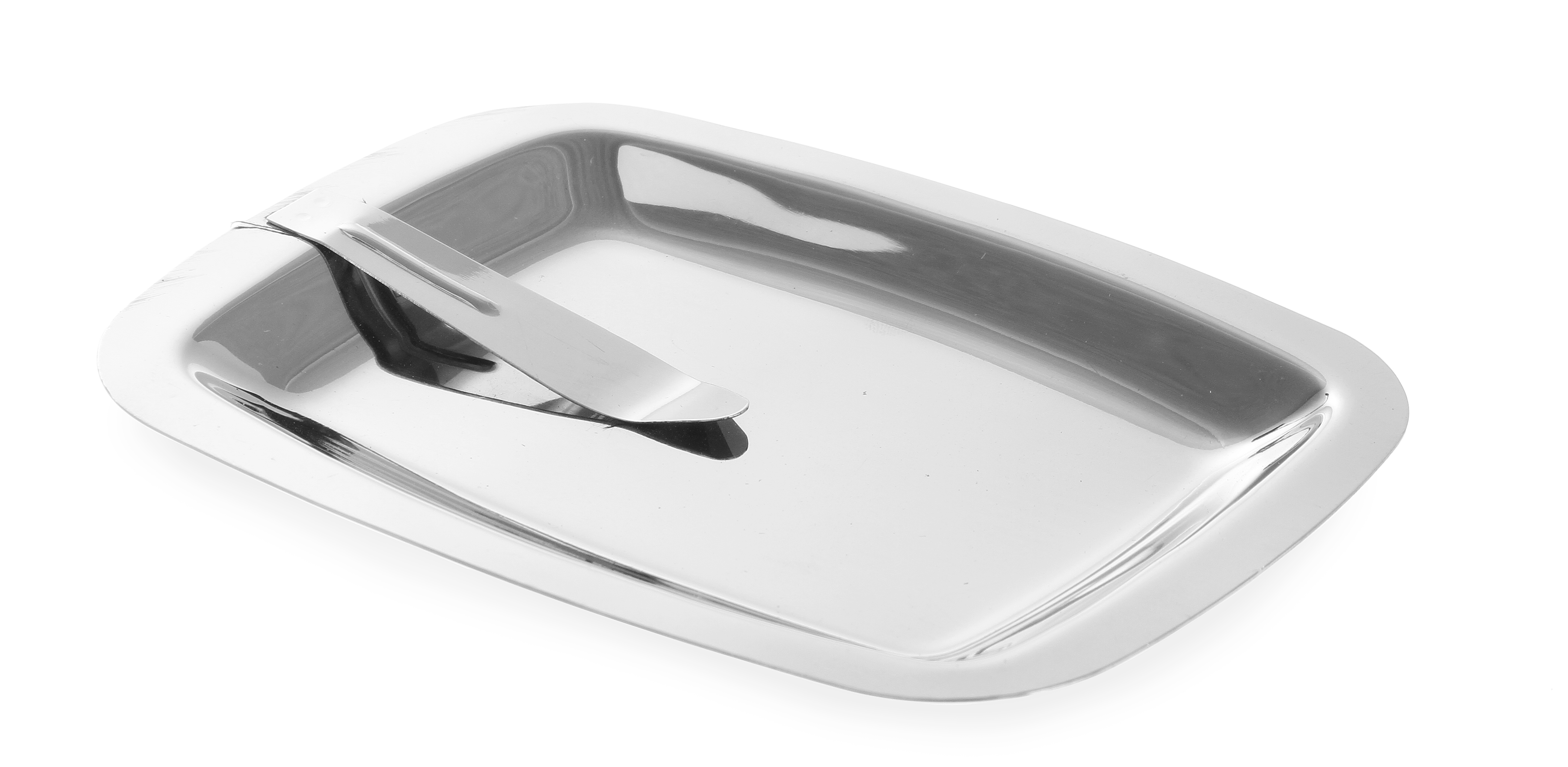 Burriera in acciaio inox con coltello. Sfondo bianco.