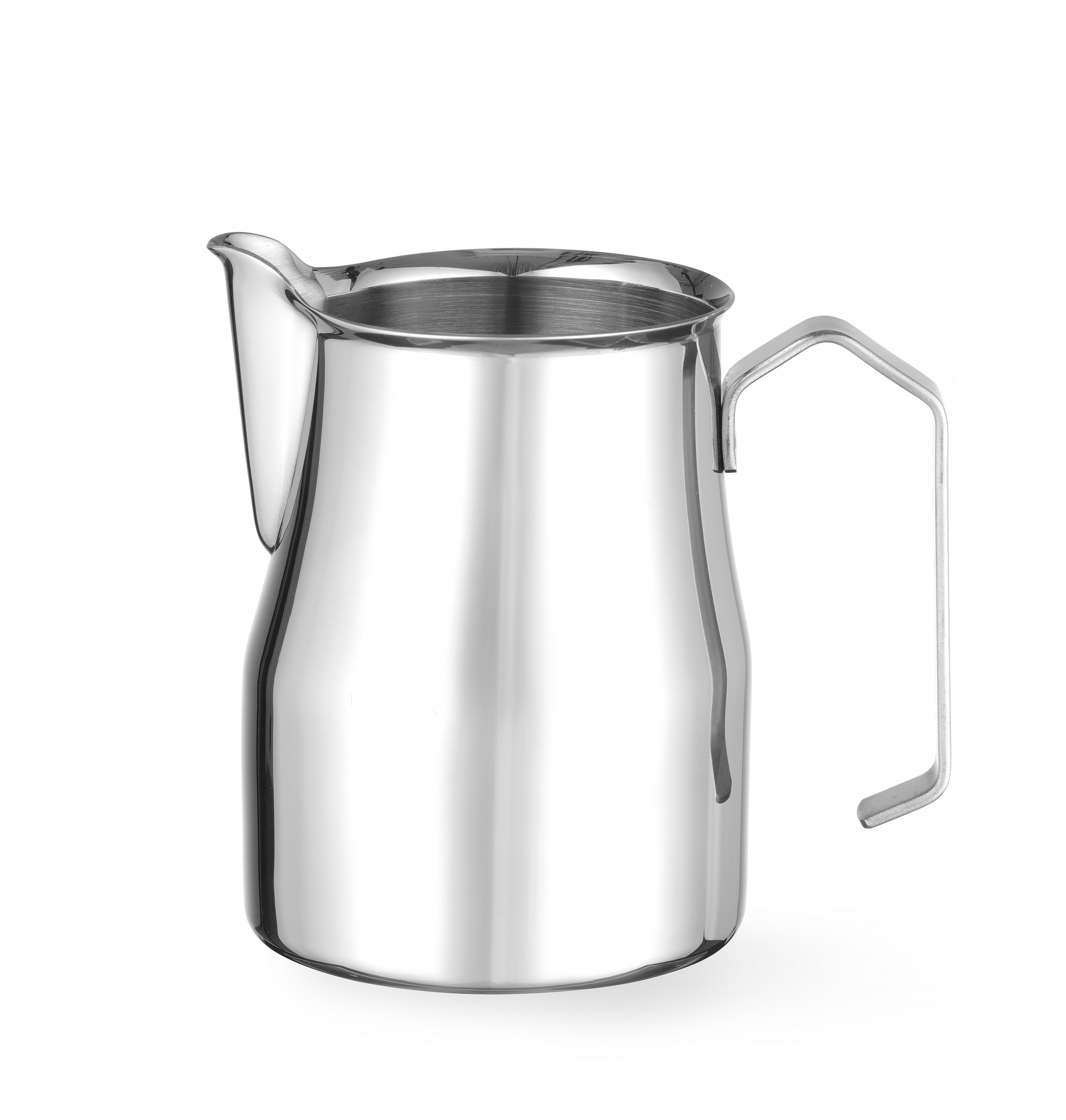 Brocca in acciaio inox con manico su sfondo bianco.
