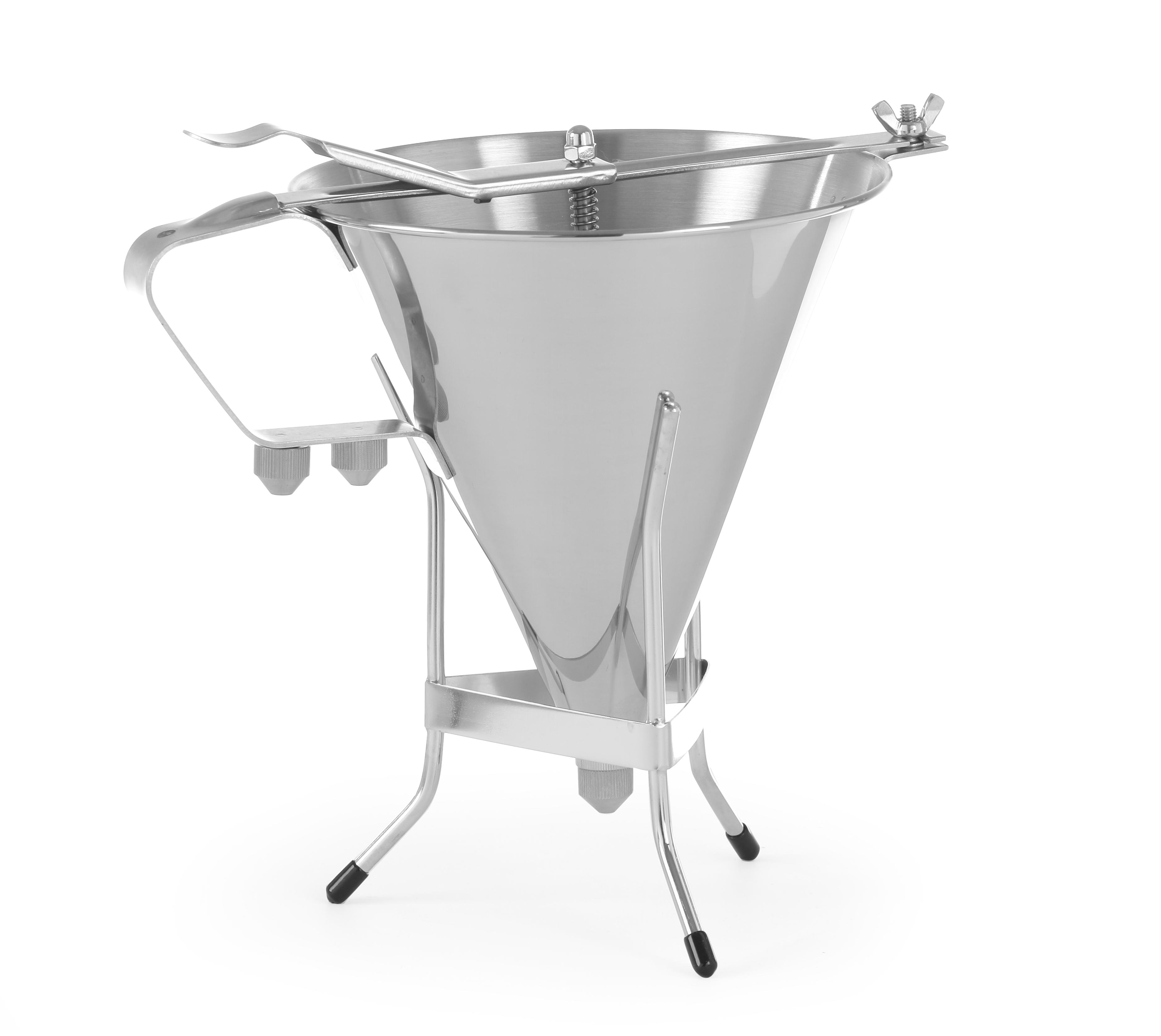 Imbuto in acciaio inox con supporto e manico, su sfondo bianco.