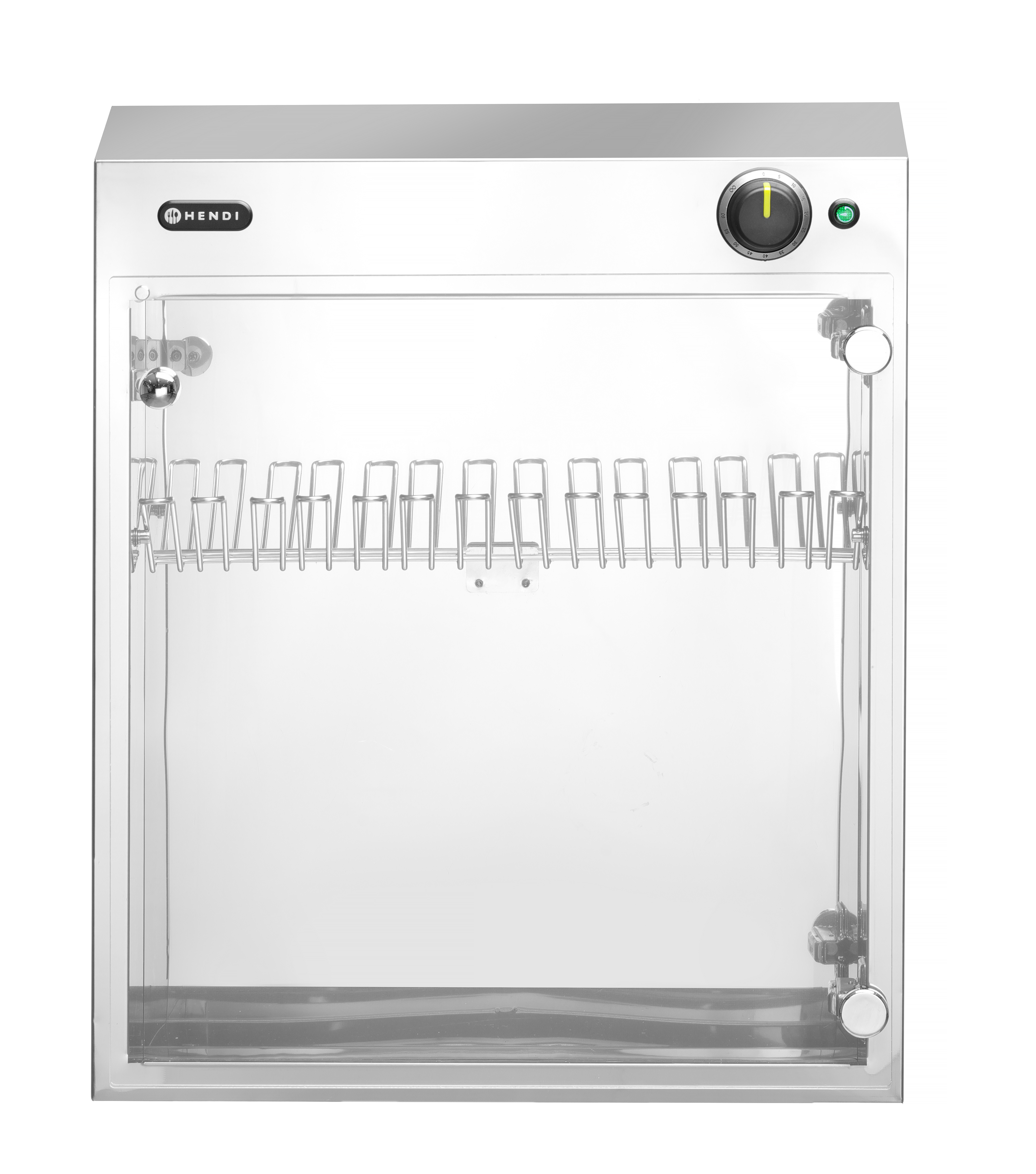 Armadietto in acciaio inox con porta in vetro, ripiano interno. Bianco.