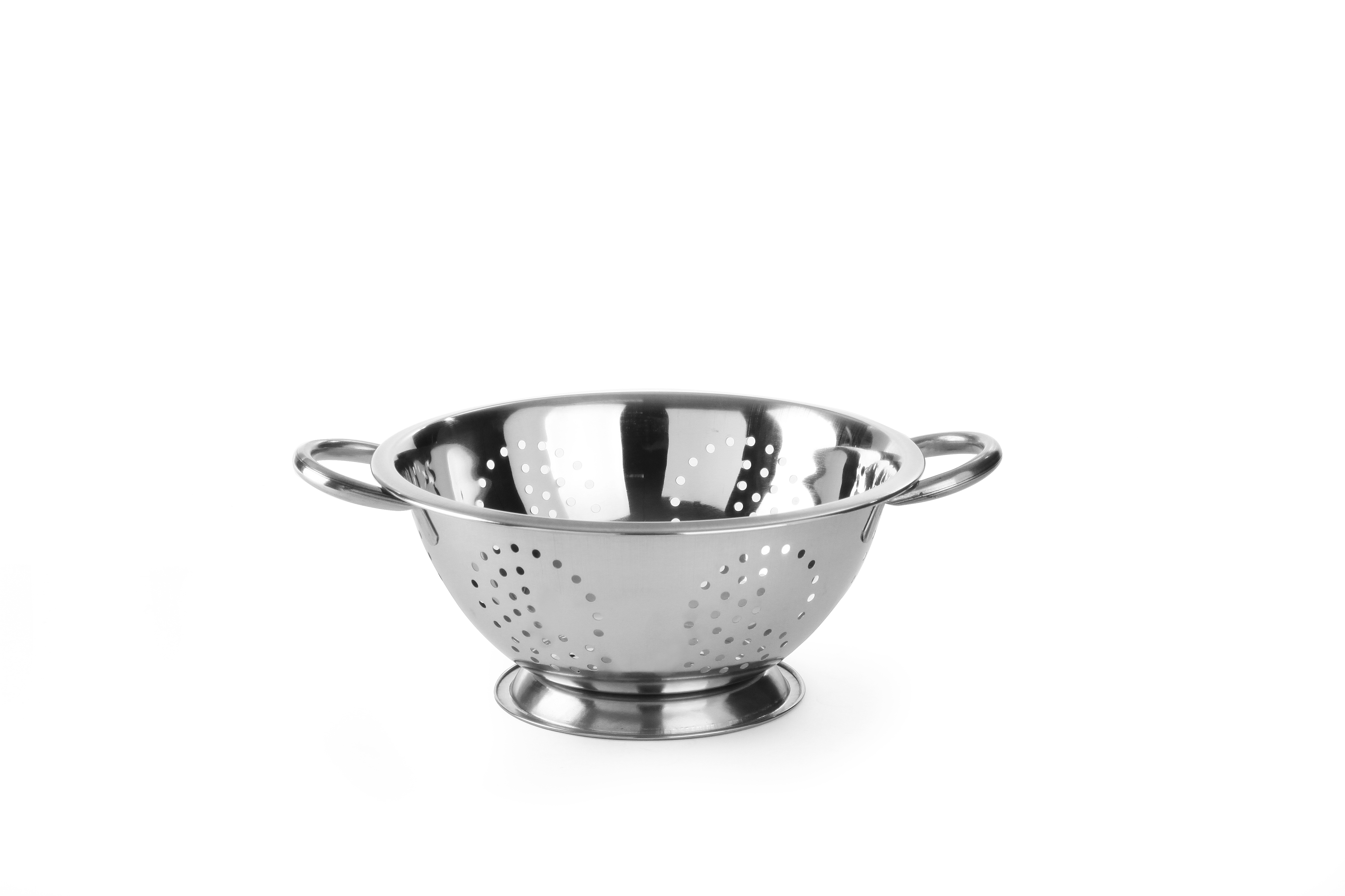 Scolapasta in acciaio inox con manici, su sfondo bianco.