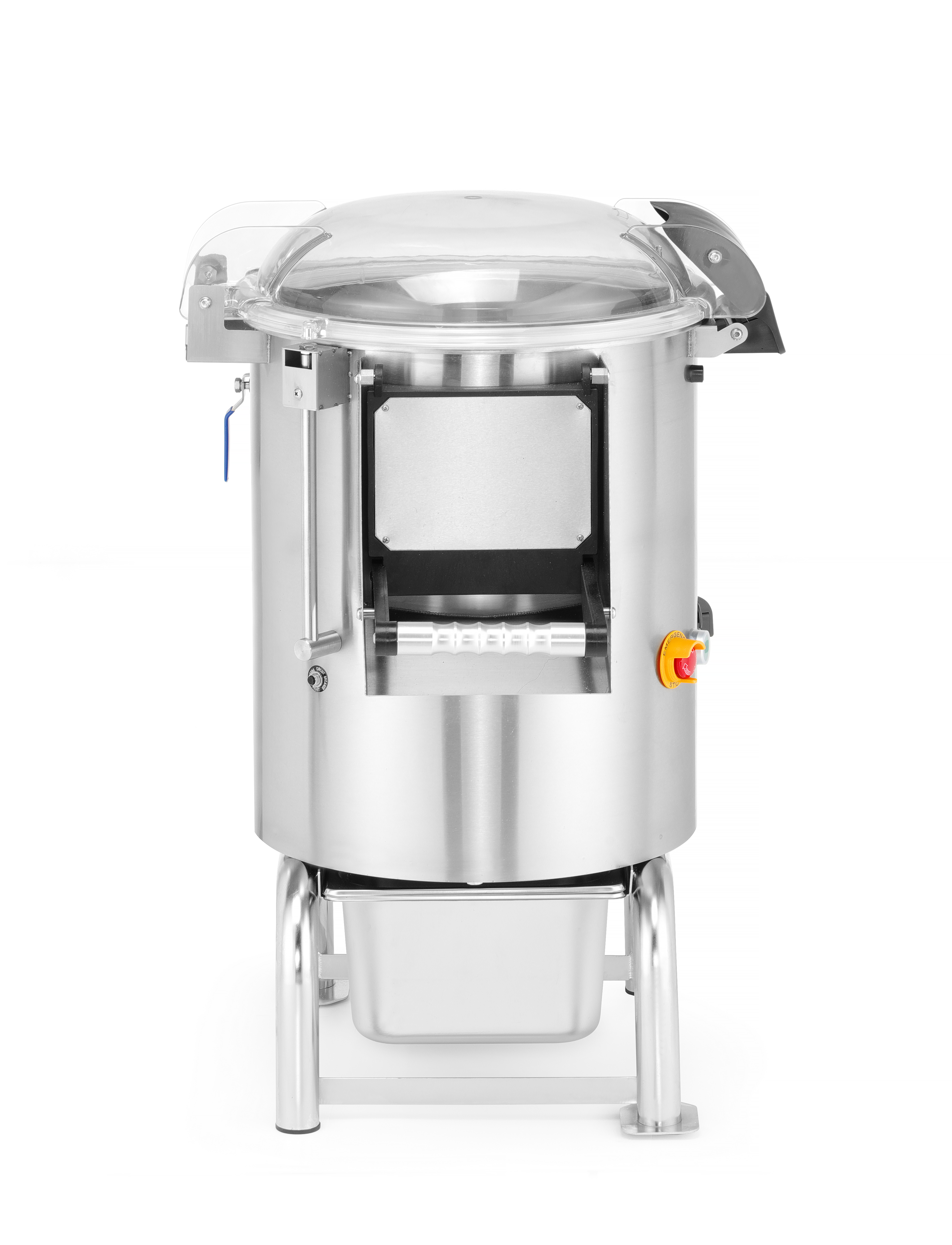 Un robot da cucina commerciale in acciaio inox con coperchio trasparente e secchio.