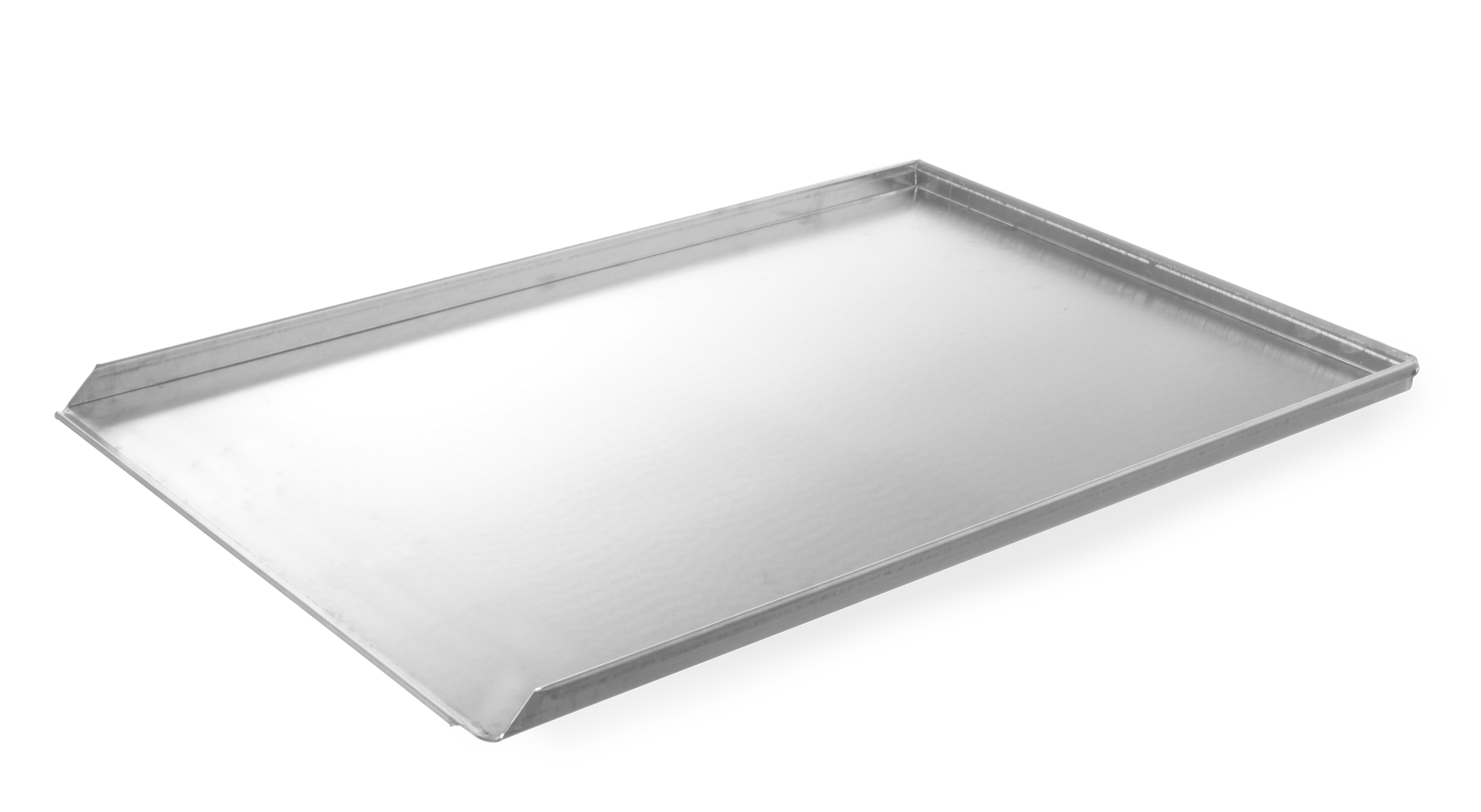 Un vassoio metallico rettangolare grande su bianco.
