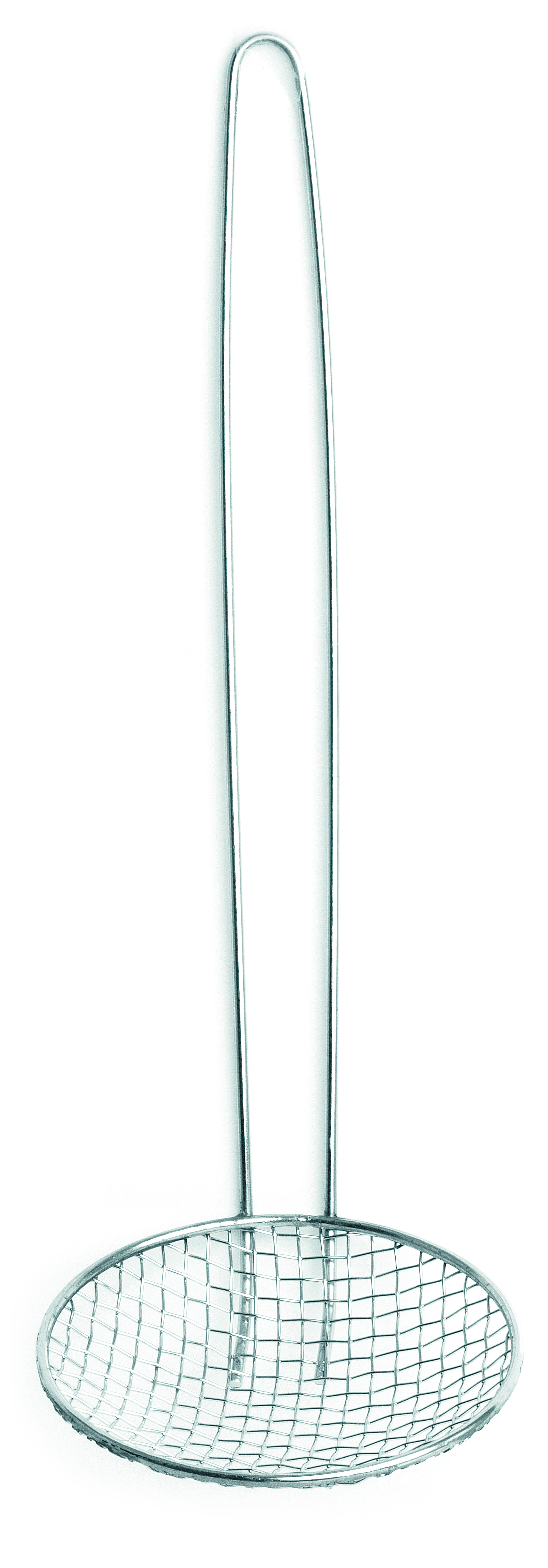 Schiumarola in acciaio inox con manico lungo. Sfondo bianco.