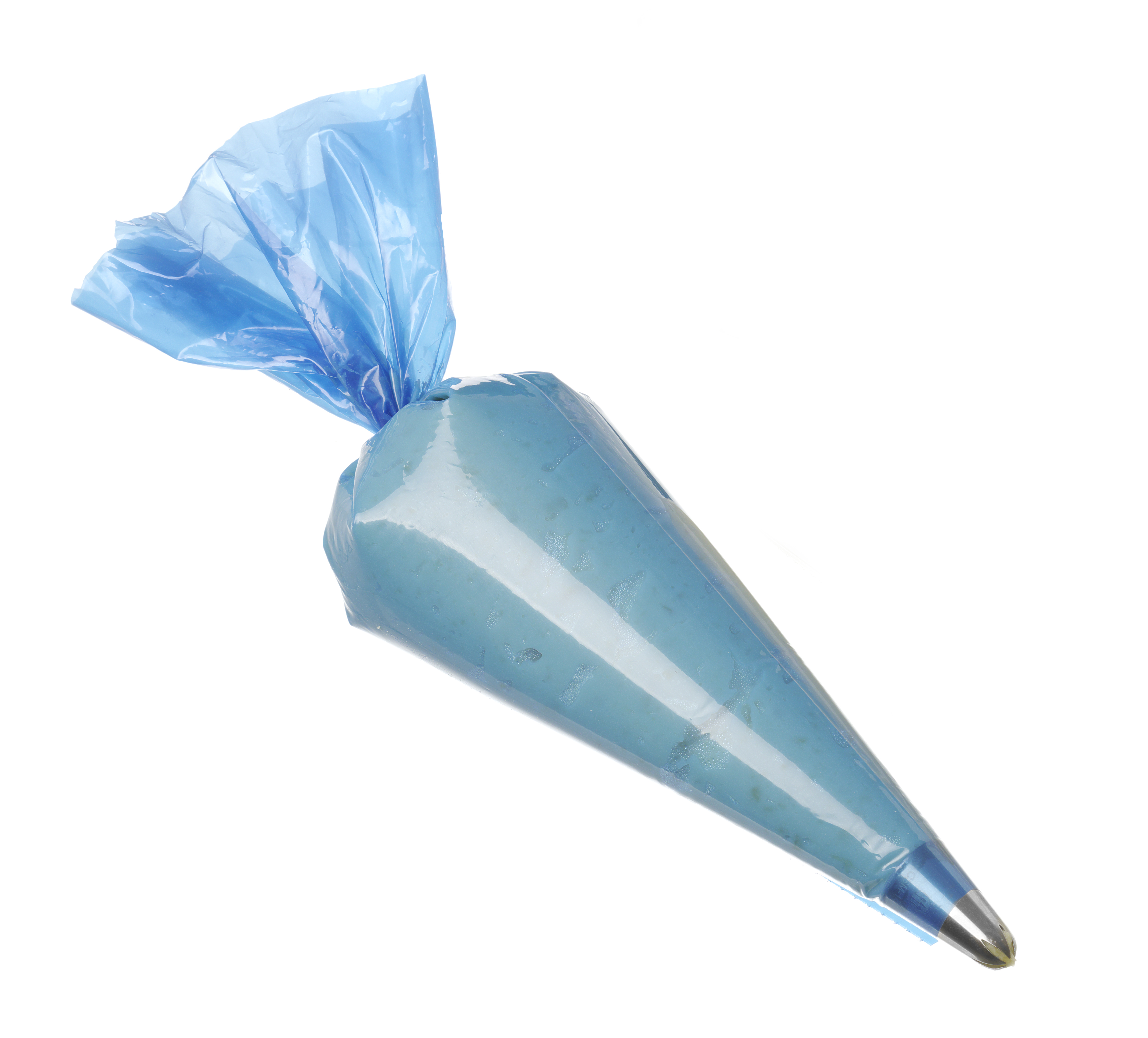 Glassa blu in una sac à poche trasparente, con punta argentata, su sfondo bianco.