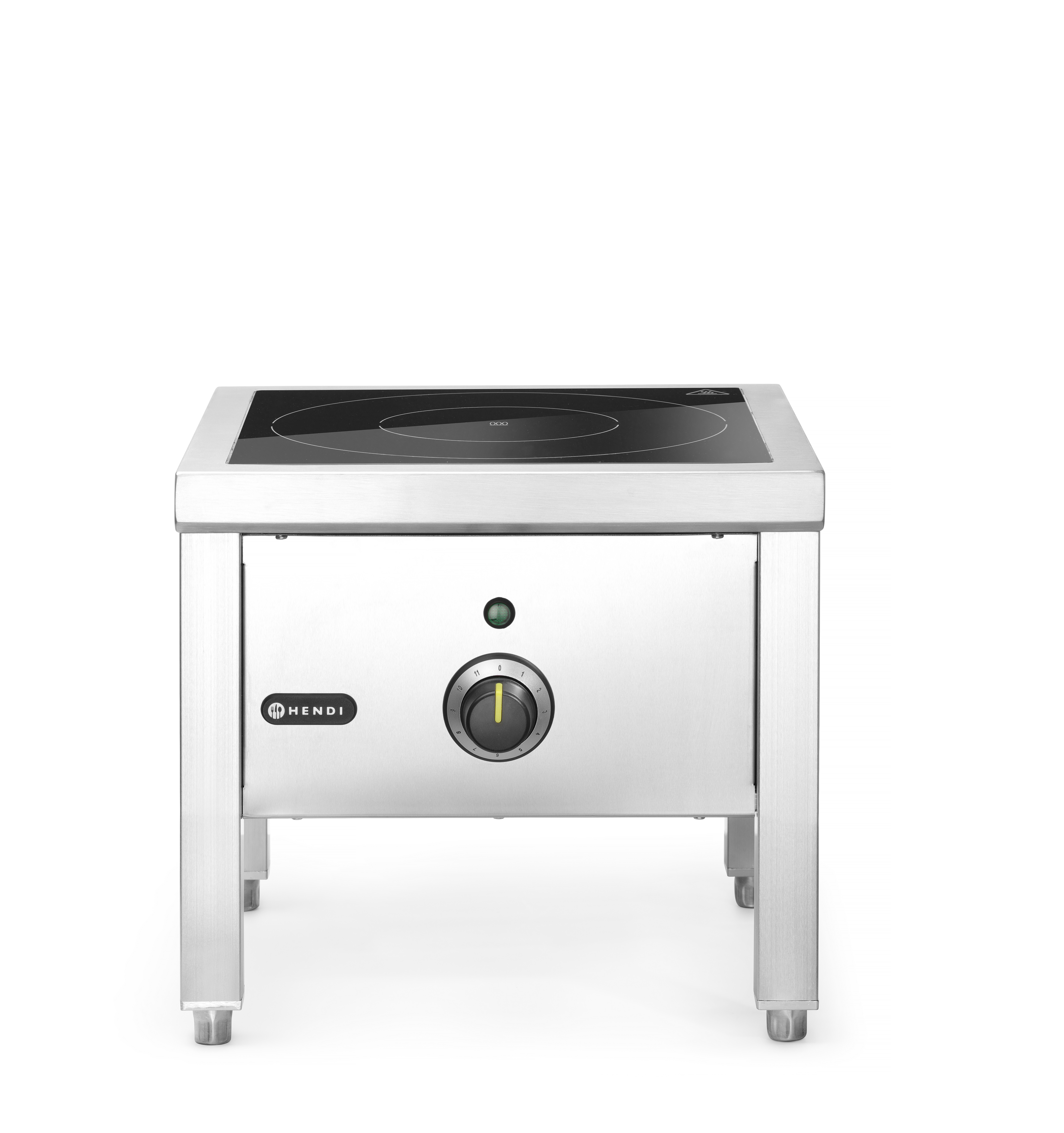 Piano cottura a induzione in acciaio inox con due fuochi, una manopola e il logo Hendi.