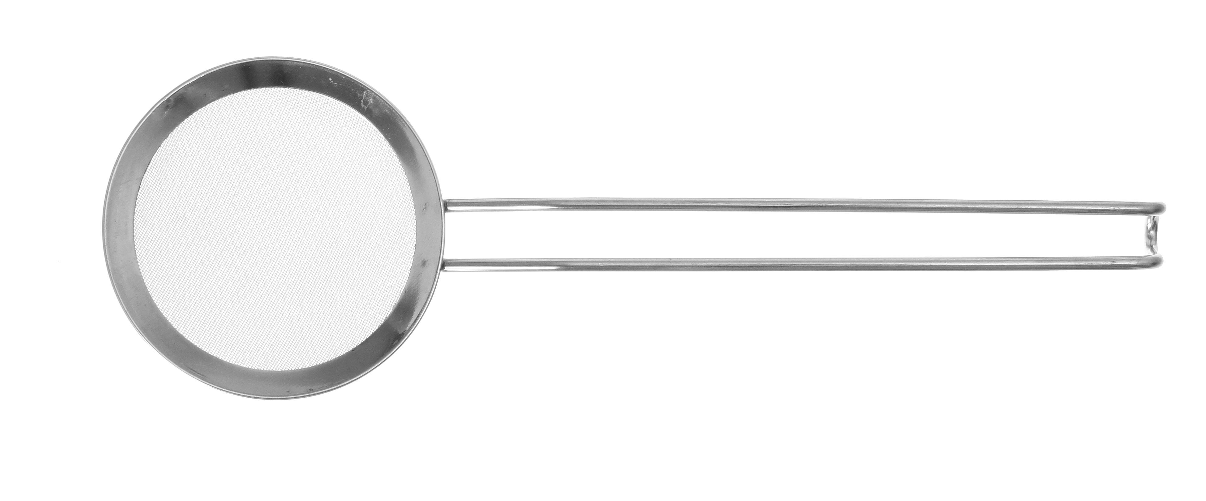 Un colino rotondo in metallo con manico. È un utensile da cucina. Sfondo bianco.