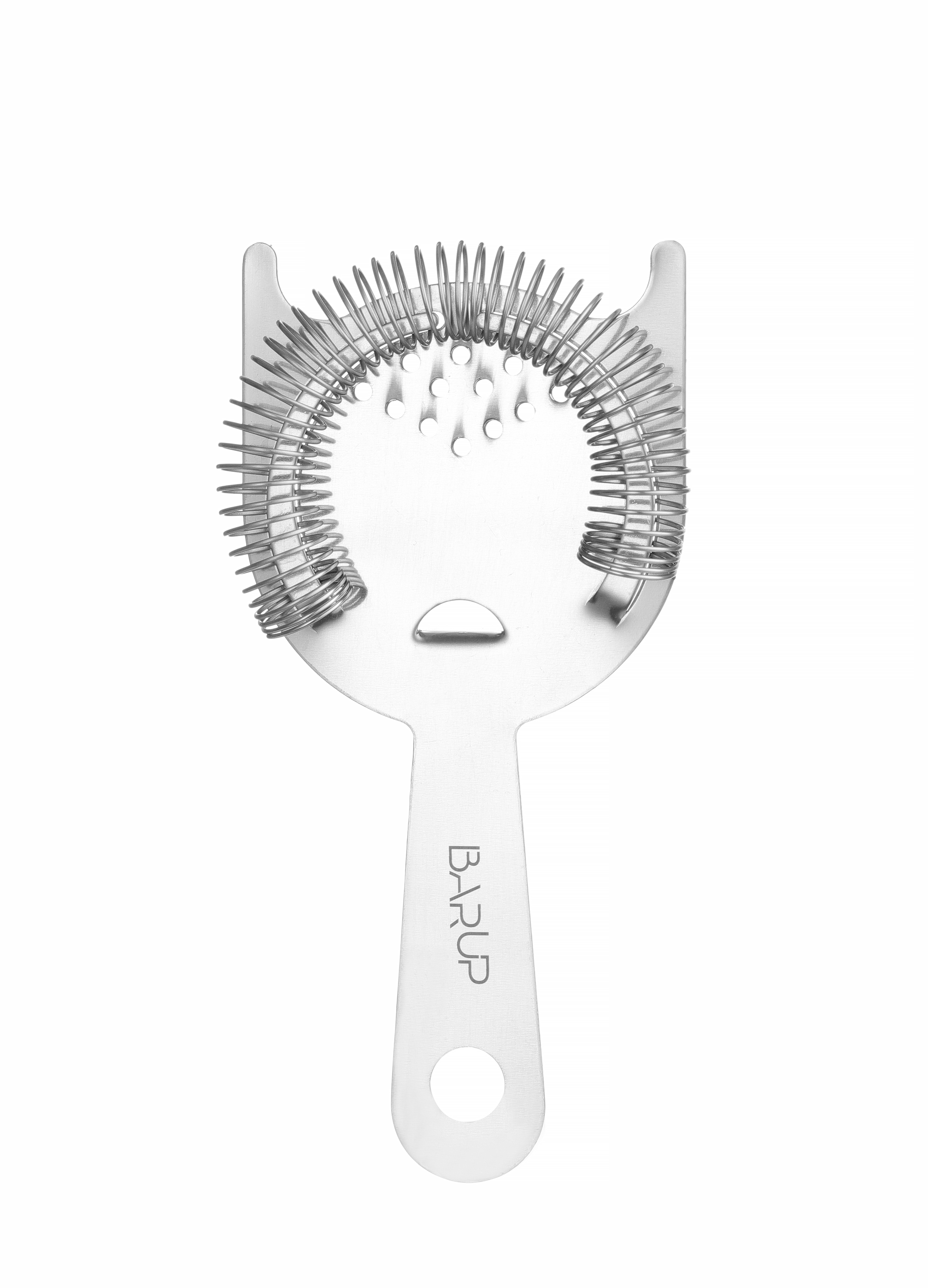 Colino per cocktail in acciaio inox. Sfondo bianco.