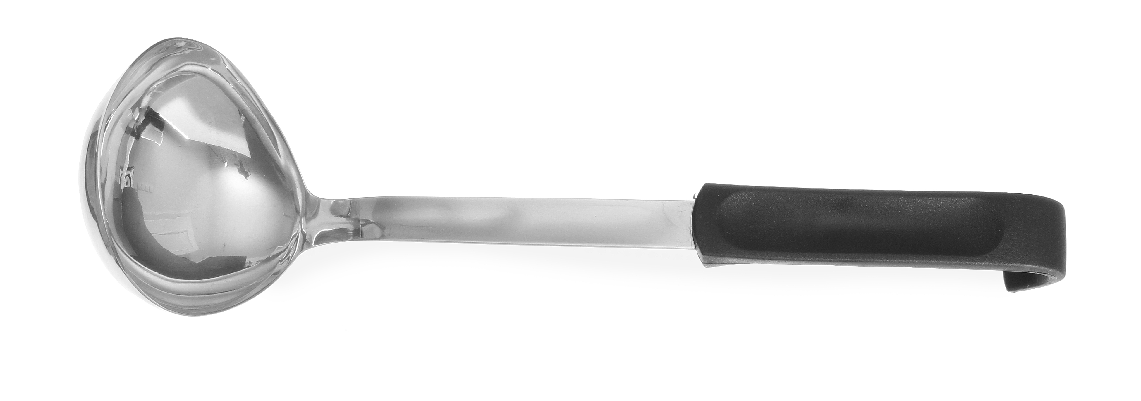 Mestolo in acciaio inox con manico nero. Poggia su uno sfondo bianco.