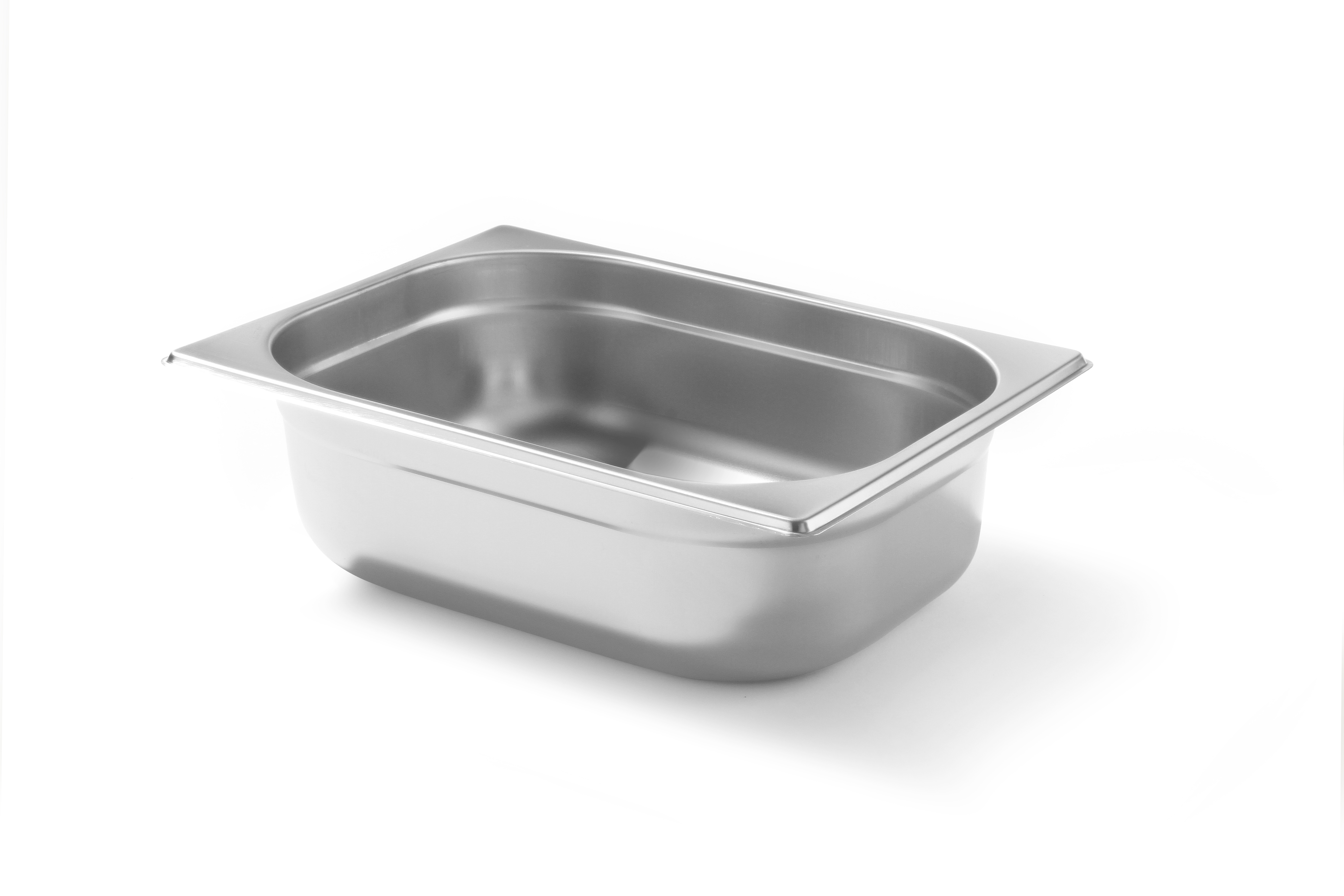 Un contenitore rettangolare per alimenti in acciaio inox su sfondo bianco.