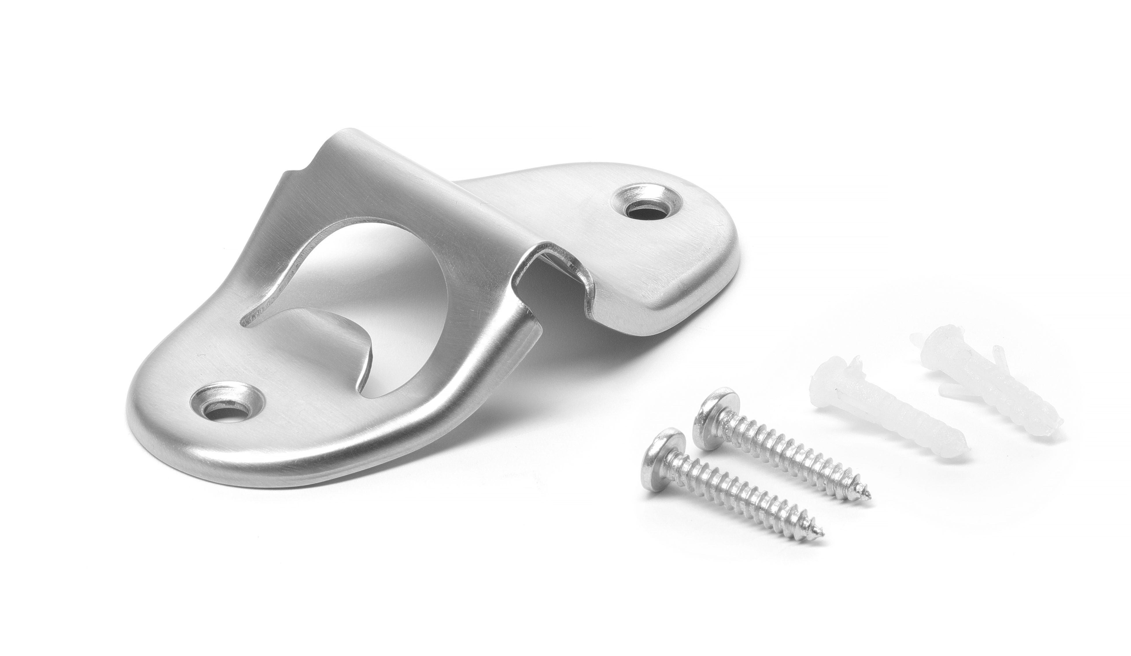 Un apribottiglie in acciaio inox con viti e tasselli.
