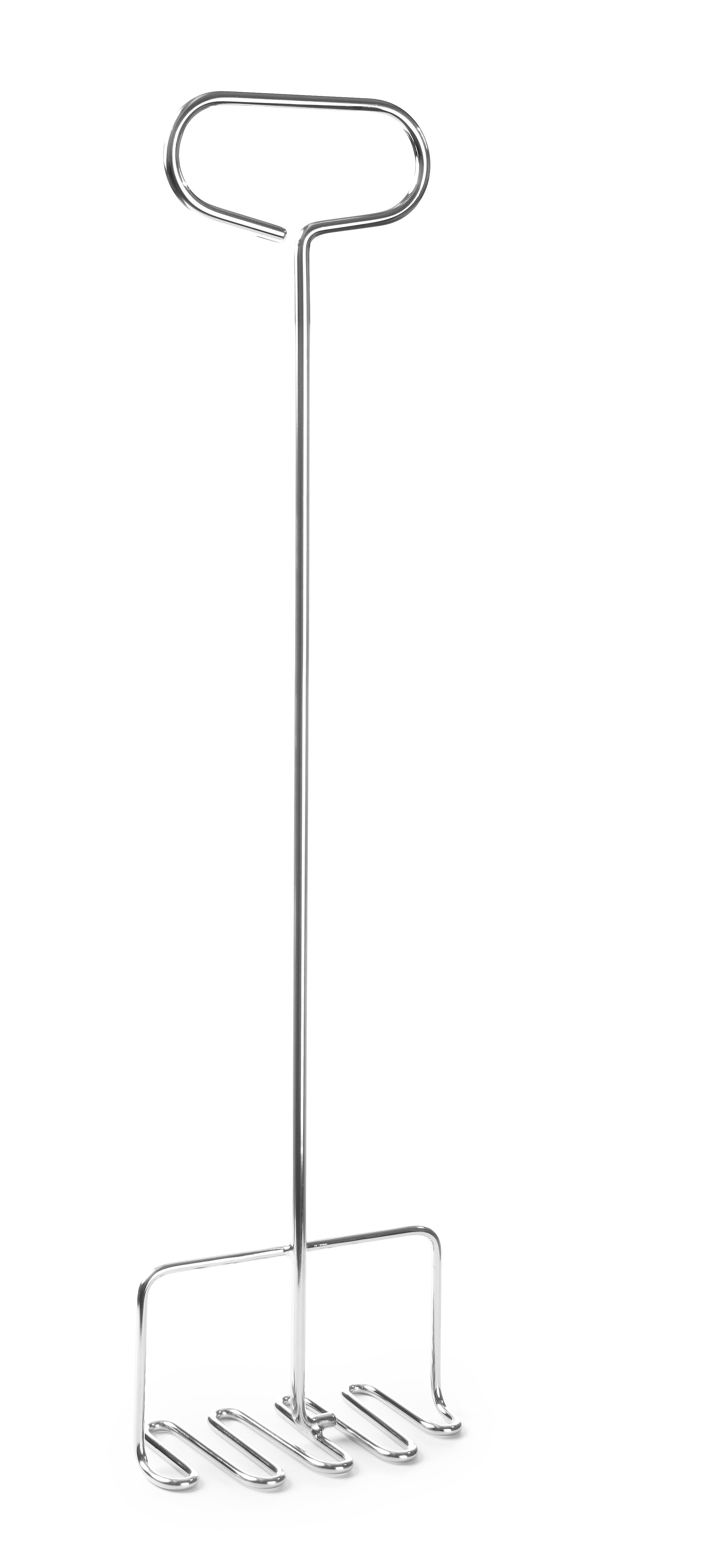 Utensile in metallo argentato con rebbi a forma di forchetta e manico lungo, sfondo bianco.