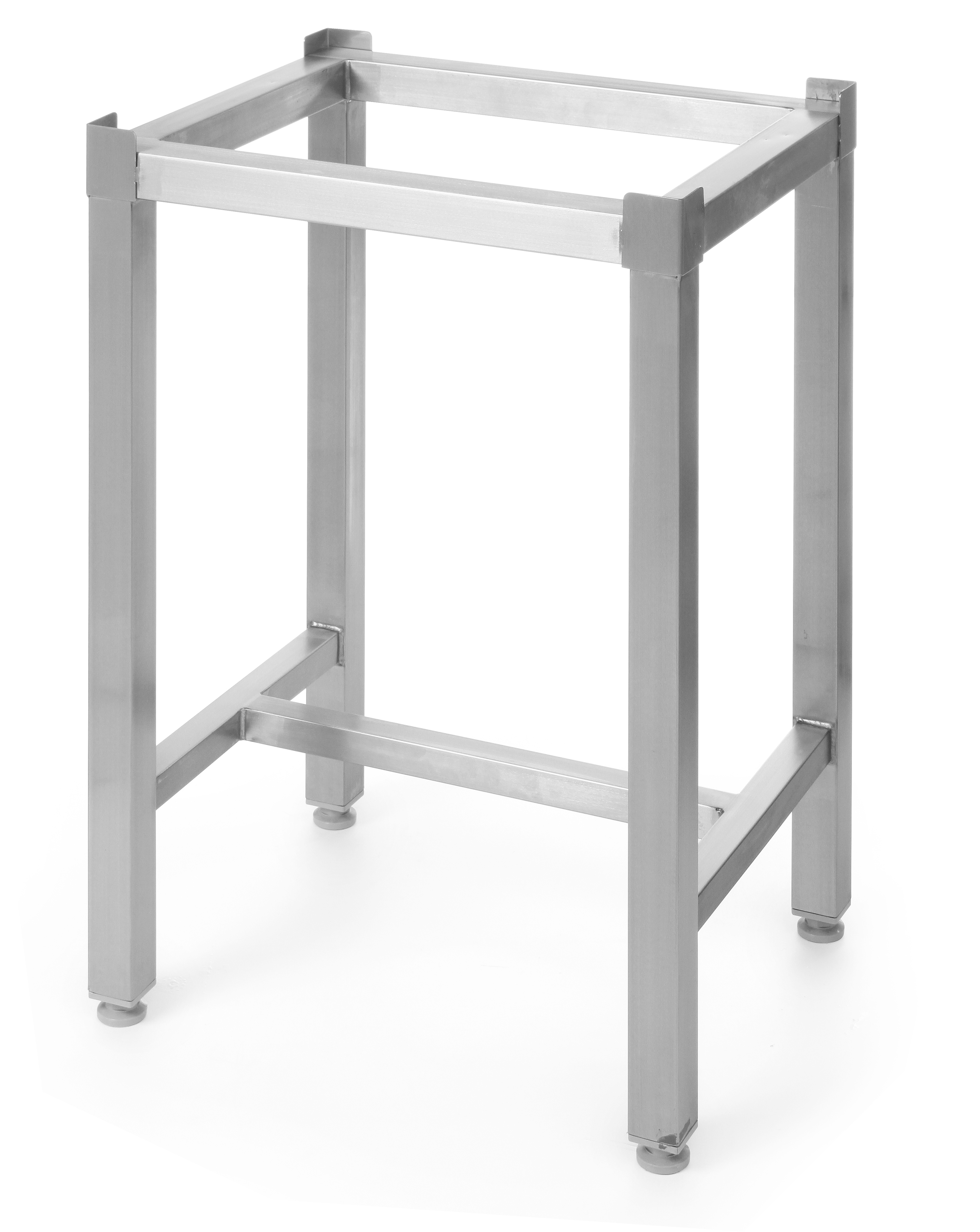 Supporto in metallo inox con gambe, sfondo bianco.