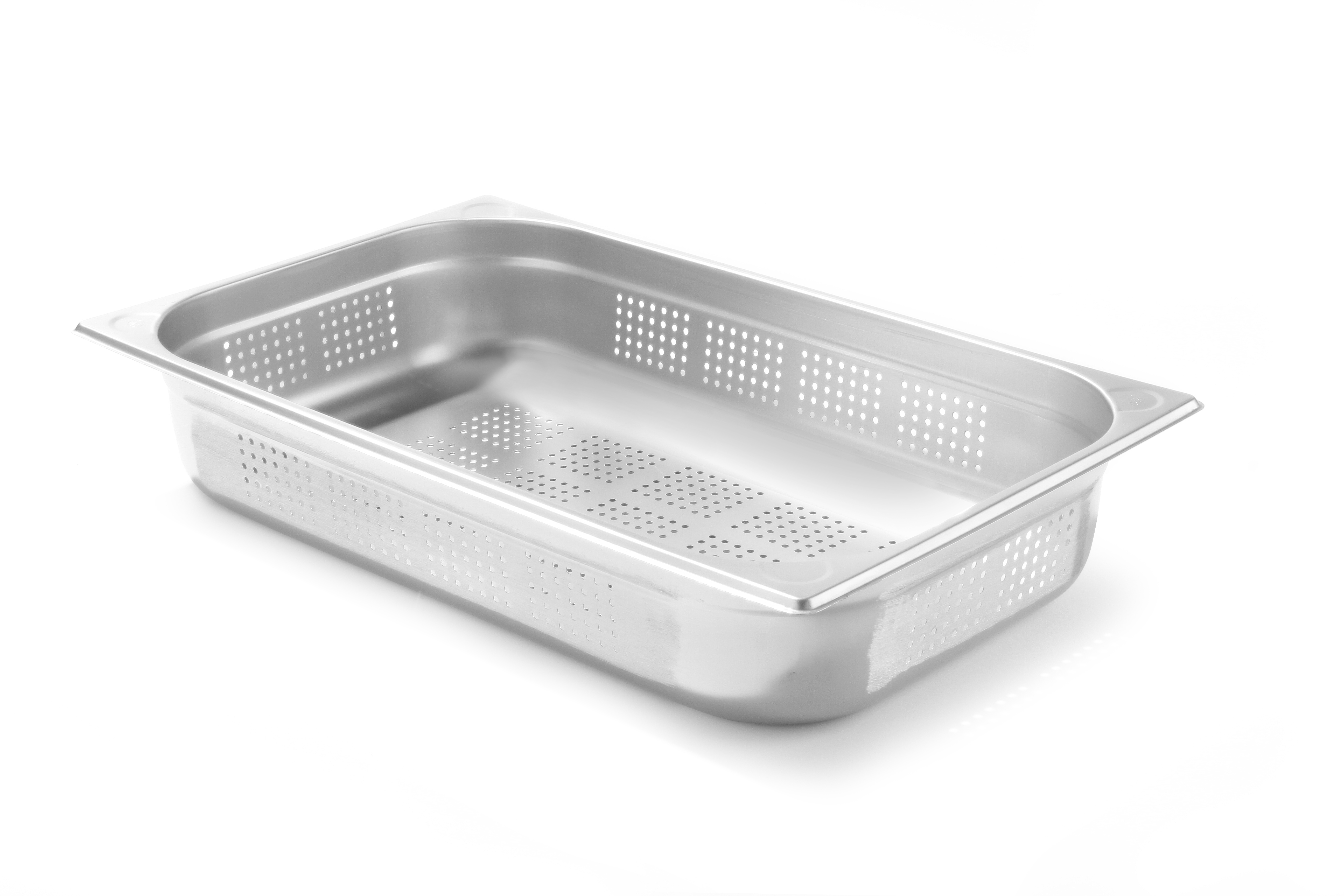 Un contenitore gastronorm perforato in acciaio inox.