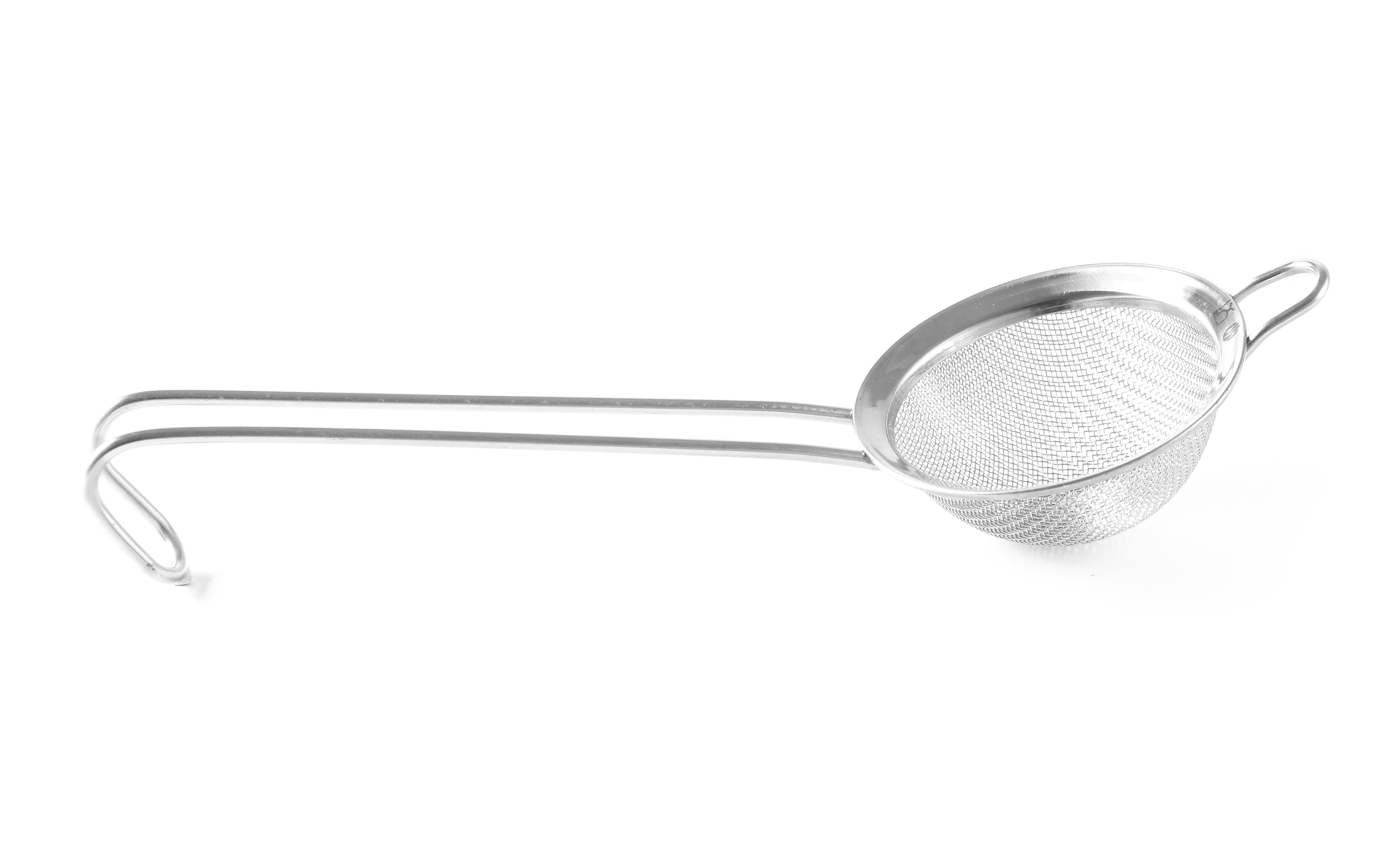 Colino in acciaio inox con manico lungo, su superficie bianca.