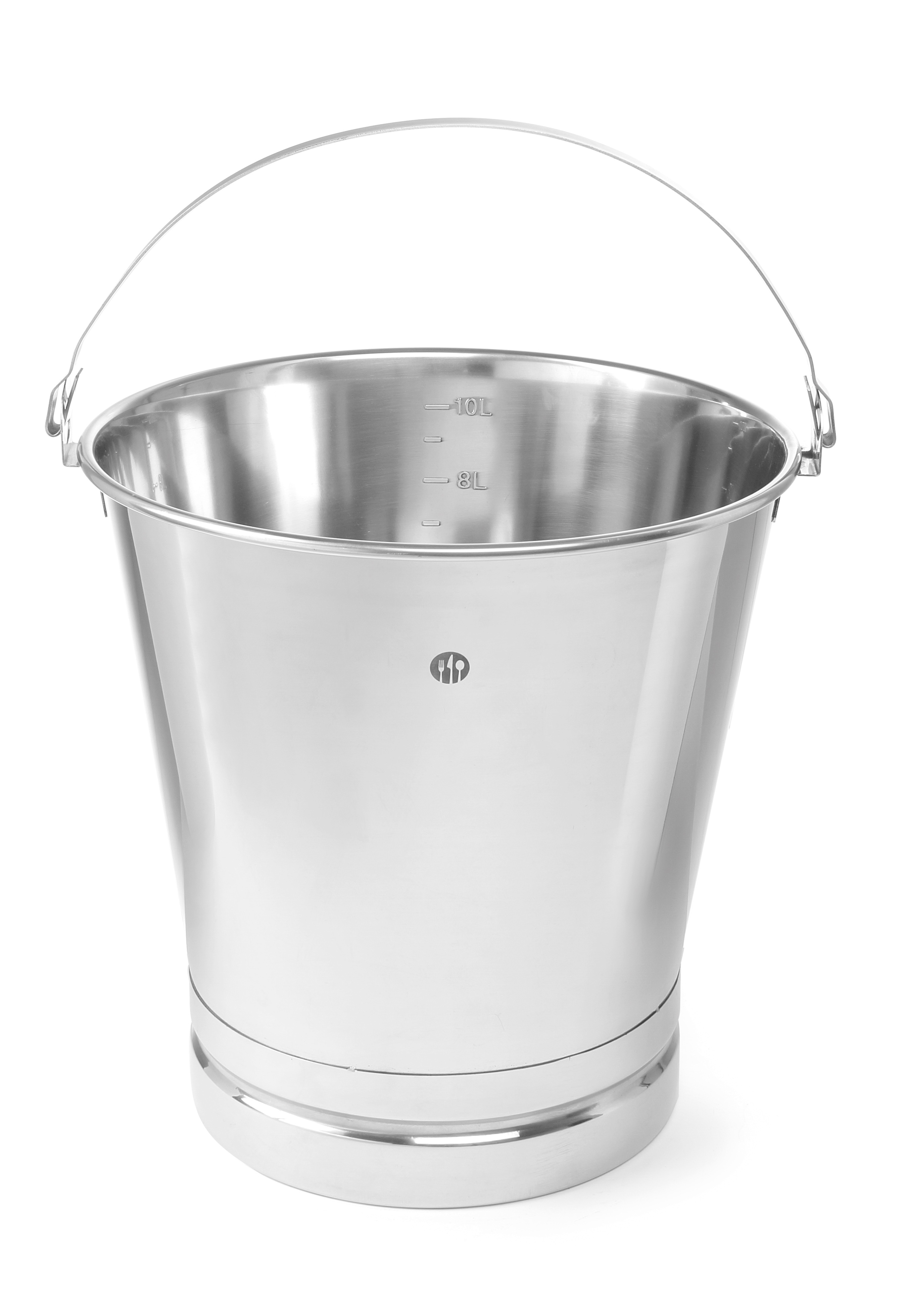 Un secchio in acciaio inox con manico e misurazioni.
