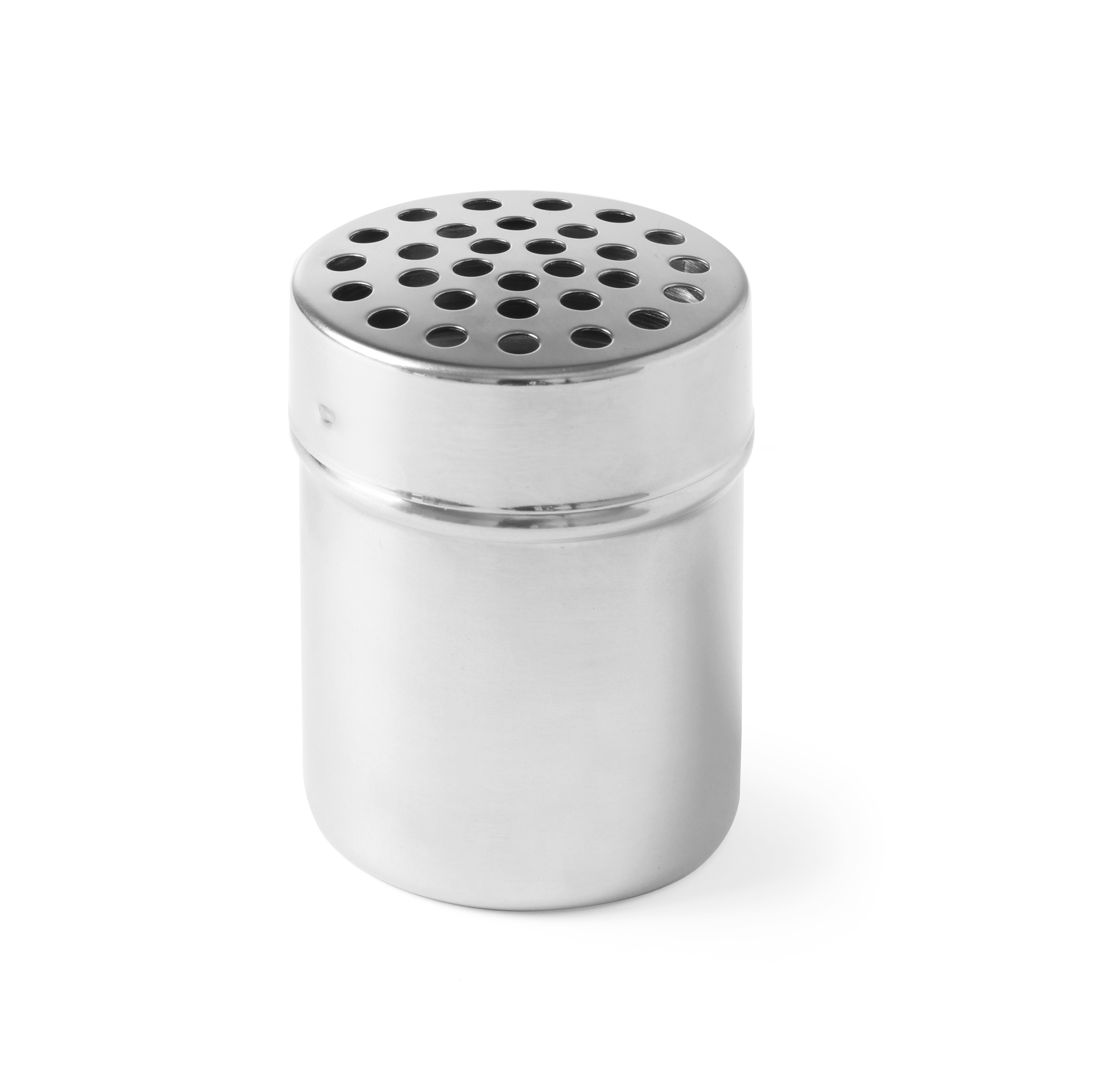 Shaker in acciaio inox con fori sulla parte superiore, sfondo bianco.