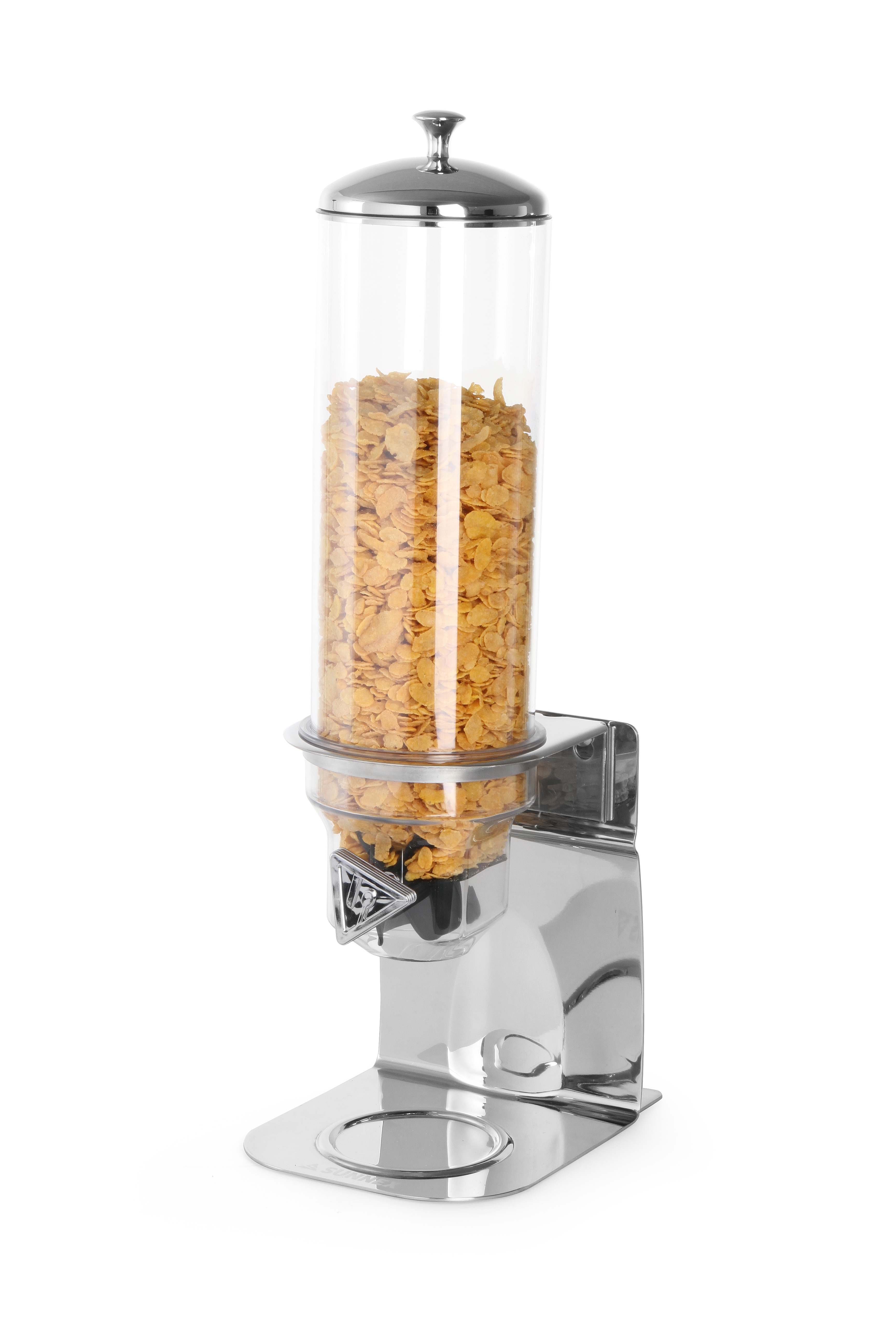 Dispenser di cereali pieno di cornflakes. È d'argento, vetro e ha una base metallica.